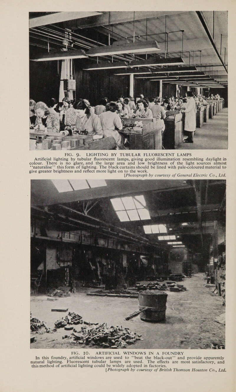     FIG. IO. ARTIFICIAL WINDOWS IN A FOUNDRY In this foundry, artificial windows are used to ‘‘beat the black-out’’ and provide apparently natural lighting. Fluorescent tubular lamps are used. The effects are most satisfactory, and this method of artificial lighting could be widely adopted in factories. [Photograph by courtesy of British Thomson Houston Co., Ltd.