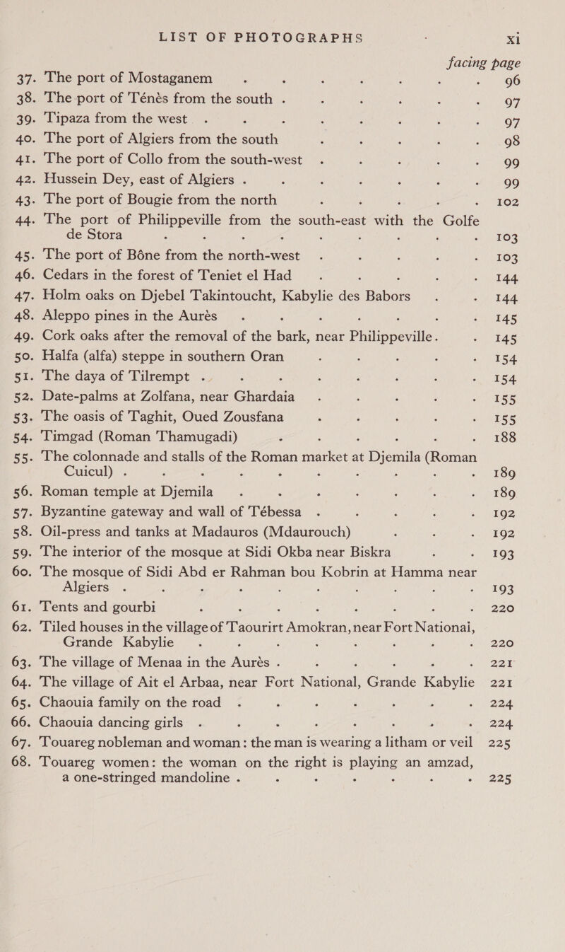 ae page The port of Mostaganem i : 96 . The port of 'Ténés from the south . 97 Tipaza from the west Q 97 The port of Algiers from the south 98 The port of Collo from the south-west 99 Hussein Dey, east of Algiers . 99 The port of Bougie from the north : 102 The port of epee from the south-east ae ee Golfe de Stora ; 103 The port of Bone an ae ae 103 Cedars in the forest of Teniet el Had 144 Holm oaks on Djebel Takintoucht, Kabylie des Bile 144 Aleppo pines in the Aurés r 145 Cork oaks after the removal of the baie near Philippeville. 145 Halfa (alfa) steppe in southern Oran 154 The daya of Tilrempt . 154 Date-palms at Zolfana, near cha 155 The oasis of Taghit, Oued Zousfana 155 Timgad (Roman Thamugadi) : ; 188 The colonnade and stalls of the Roman market at Djemila ee Cuicul) . , : ‘ 2 : 3 . 189 Roman temple at Djemila 189 Byzantine gateway and wall of Tébessa 192 Oil-press and tanks at Madauros (Mdaurouch) 192 The interior of the mosque at Sidi Okba near Biskra 193 The mosque of Sidi Abd er Rahman bou Kobrin at Hamma near Algiers : : : : : : : - 163 Tents and gourbi : ; : ; ; 220 Tiled houses in the village of Taourirt Amokran, near Fort Nationai, Grande Kabylie : , : : ; i a 220 The village of Menaa in the Aurés . 221 The village of Ait el Arbaa, near Fort N Caan eae Kabylie 225 Chaouia family on the road ; ‘ ‘ : at aad Chaouia dancing girls : . 224 ‘Touareg nobleman and woman: the man is wearing a litham or veil 225 Touareg women: the woman on the right is playing an amzad, a one-stringed mandoline . ; : : 225