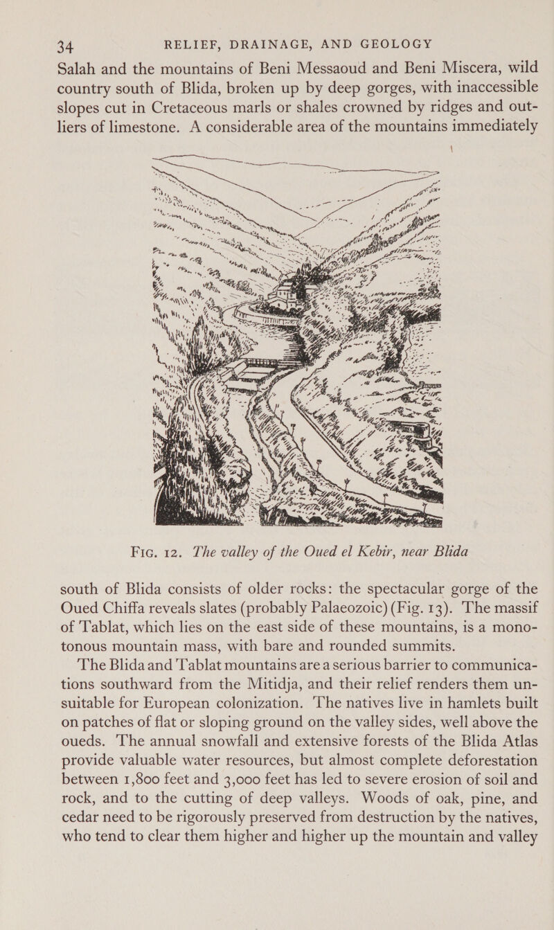 Salah and the mountains of Beni Messaoud and Beni Miscera, wild country south of Blida, broken up by deep gorges, with inaccessible slopes cut in Cretaceous marls or shales crowned by ridges and out- liers of limestone. A considerable area of the mountains immediately \  Fic. 12. The valley of the Oued el Kebir, near Blida south of Blida consists of older rocks: the spectacular gorge of the Oued Chiffa reveals slates (probably Palaeozoic) (Fig. 13). The massif of Tablat, which lies on the east side of these mountains, is a mono- tonous mountain mass, with bare and rounded summits. The Blida and T'ablat mountains are a serious barrier to communica- tions southward from the Mitidja, and their relief renders them un- suitable for European colonization. ‘The natives live in hamlets built on patches of flat or sloping ground on the valley sides, well above the oueds. ‘The annual snowfall and extensive forests of the Blida Atlas provide valuable water resources, but almost complete deforestation between 1,800 feet and 3,000 feet has led to severe erosion of soil and rock, and to the cutting of deep valleys. Woods of oak, pine, and cedar need to be rigorously preserved from destruction by the natives, who tend to clear them higher and higher up the mountain and valley