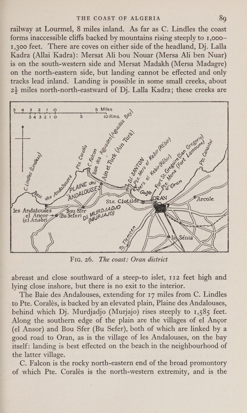railway at Lourmel, 8 miles inland. As far as C. Lindles the coast forms inaccessible cliffs backed by mountains rising steeply to 1,000- 1,300 feet. here are coves on either side of the headland, Dj. Lalla Kadra (Allai Kadra): Mersat Ali bou Nouar (Mersa Ali ben Nuar) is on the south-western side and Mersat Madakh (Mersa Madagre) on the north-eastern side, but landing cannot be effected and only tracks lead inland. Landing is possible in some small creeks, about 2% miles north-north-eastward of Dj. Lalla Kadra; these creeks are   | AN 2 tO 5 Miles SS Se S54) 3-2 tO 5 to Kms. re ; e 7 se es © &gt; ee e - @e é Oo Co eee ney Ny Ae G o g | a 8 8 ° SG V4 S ao ppl SES) ==37 me. PS A N U des A fes Andalouses Bou Sfer apJAP (ei Anabe pubes ob ur? a6. abreast and close southward of a steep-to islet, 112 feet high and lying close inshore, but there is no exit to the interior. The Baie des Andalouses, extending for 17 miles from C. Lindles to Pte. Coralés, is backed by an elevated plain, Plaine des Andalouses, behind which Dj. Murdjadjo (Murjajo) rises steeply to 1,585 feet. Along the southern edge of the plain are the villages of el Ancor (el Ansor) and Bou Sfer (Bu Sefer), both of which are linked by a good road to Oran, as is the village of les Andalouses, on the bay itself: landing is best effected on the beach in the neighbourhood of the latter village. C. Falcon is the rocky north-eastern end of the broad promontory of which Pte. Coralés is the north-western extremity, and is the