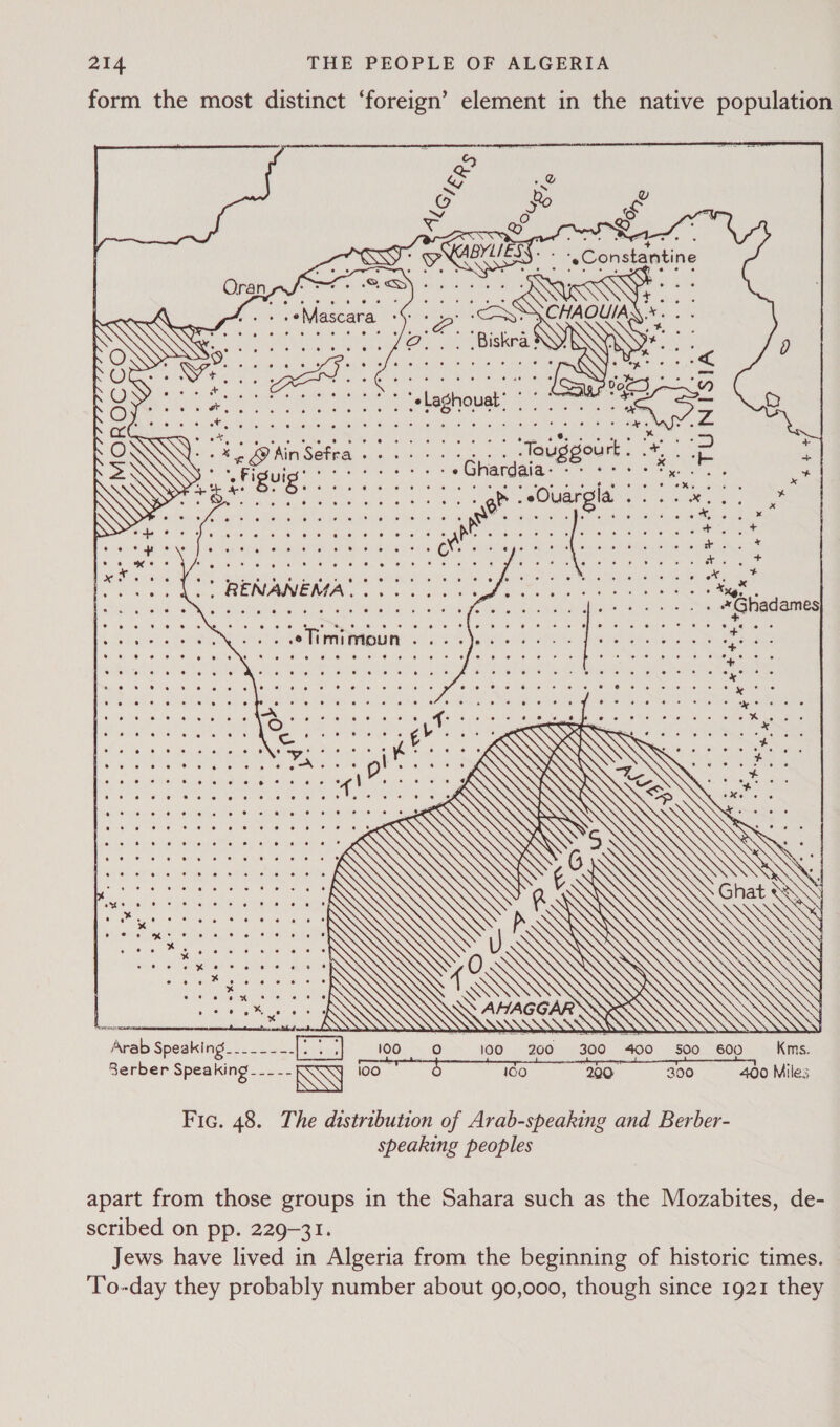 form the most distinct ‘foreign’ element in the native population  Gh ek O Oly Ole ieh cen ee. oe) Ol ek 6, fe le. ey Ol ee eaues er ok ey eset tel ne, Rete. re) 28 Onn Choe? Tat Tee ears Op oC OE Ol CRG reat AOS Gtcey i, ee Pe ae ee ge O10, See 6) OS), TS Ae, ers CE oo Be O'S: fle Ve) OP NOU ell te Oye) oy 6) Ok Ole ale Mae. @: Ve teh 46! Ver eo sis, WE eer cence Oo Ke Key He. eel Nei oO er |e SP OW OLR ol ee hae Fele re. cose 14s) 9” e) Bae Om Renee 0 Le, Te eae? 6.6  a are S228 WG  Arab Speaking_.___--- 100 0 100 200 300 400 soo 600 Kms. 8erber Speaking__-_-- 3 i00 rs 100 300 Miles P g NS 200 400 Mi Fic. 48. The distribution of Arab-speaking and Berber- speaking peoples apart from those groups in the Sahara such as the Mozabites, de- scribed on pp. 229-31. Jews have lived in Algeria from the beginning of historic times. To-day they probably number about go,000, though since 1921 they