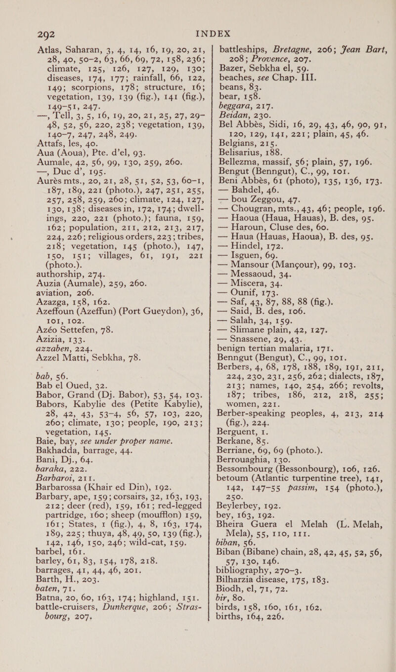 Atlas, Saharan, 3, 4, 14, 16, 19, 20, 21, 28, 40, 50-2, 63, 66, 69, 72, 158, 236; climate, 125,’ 126; ¥27, 120, (130; diseases, 174, 177; rainfall, 66, 122, 149; scorpions, 178; structure, 16; vegetation, 139, 139 (fig.), 141 (fig.), 149-51, 247. rn elE, 35 5; 16, 19, 20, 21, 25, 27, 29- 48, 52, 56, 220, 238; vegetation, 139, 140-7, 247, 248, 249. Attafs, les, 40. Aua (Aoua), Pte. d’el, 93. Aumale, 42, 56, 99, 130, 259, 260. —, Duc d’, 195. Aurés mts., 20, 21, 28, 51, 52, 53, 60-1, 187, 189, 221 (photo.), 247, 251, 255, 257, 258, 259, 260; clumate, 124, 127, 130, 138; diseases in, 172, 174; dwell- ings, 220, 221 (photo.); fauna, 159, 162; population, 211, 272, 213; 217, 224, 226; religious orders, 223; tribes, 218; vegetation, 145 (photo.), 147, E50, 1516 villages, 61, “1925, “22% (photo.). authorship, 274. Auzia (Aumale), 259, 260. aviation, 206. Azazga, 158, 162. Azeffoun (Azeffun) (Port Gueydon), 36, IOI, 102. Azéo Settefen, 78. Azizia, 133. azzaben, 224. Azzel Matti, Sebkha, 78. bab, 56. Bab el Oued, 32. Babor, Grand (Dj. Babor), 53, 54, 103. Babors, Kabylie des (Petite Kabylie), 28, 42, 43, 53-4, 56, 57, 103, 220, 260; climate, 130; people, 190, 213; vegetation, 145. Baie, bay, see under proper name. Bakhadda, barrage, 44. Bani, Dj., 64. baraka, 222. Barbaroi, 211. Barbarossa (Khair ed Din), 192. Barbary, ape, 159; corsairs, 32, 163, 193, 212; deer (red), 159, 161; red-legged partridge, 160; sheep (moufflon) 159, 161; States, + (fig), 4; 8): 163,174, 189, 225; thuya, 48, 49, 50, 139 (fig.), 142, 146, 150, 246; wild-cat, 159. barbel, 161. barley, 61, 83, 154, 178, 218. barrages, 41, 44, 46, 201. Barth, H., 203. baten, 71. Batna, 20, 60, 163, 174; highland, 151. battle-cruisers, Dunkerque, 206; Stras- bourg, 207. battleships, Bretagne, 206; Jean Bart, 208; Provence, 207. Bazer, Sebkha el, 59. beaches, see Chap. III. beans, 83. bear, 158. beggara, 217. Beidan, 230. Bel Abbés, Sidi, 16, 29, 43, 46, 90, g1, 120, 126, 141, 221; plain, 45, 46. Belgians, 215. Belisarius, 188. Bellezma, massif, 56; plain, 57, 196. Bengut (Benngut), C., 99, ror. Beni Abbés, 61 (photo), 135, 136, 173. — Bahdel, 46. — bou Zeggou, 47. — Chougran, mts., 43, 46; people, 196. — Haoua (Haua, Hauas), B. des, 95. — Haroun, Cluse des, 60. — Haua (Hauas, Haoua), B. des, 95. — Hindel, 172. — Isguen, 69. — Mansour (Mangour), 99, 103. — Messaoud, 34. — Miscera, 34. — Ounif, 173. — Saf, 43, 87, 88, 88 (fig.). — Said, B. des, 106. —_ Salah, 34, 159. — Slimane plain, 42, 127. — Snassene, 29, 43. benign tertian malaria, 171. Benngut (Bengut), C., 99, 101. Berbers, 4, 68, 178, 188, 189, 191, 211, 224, 230, 231, 256, 262; dialects, 187, 213; mames, 140, 254, 266; revolts, 187; dtmbes, £86;\.272, -298..92555 women, 221. Berber-speaking peoples, 4, 213, 214 (fig.), 224. Berguent, 1. Berkane, 85. Berriane, 69, 69 (photo.). Berrouaghia, 130. Bessombourg (Bessonbourg), 106, 126. betoum (Atlantic turpentine tree), 141, 142, 147-55 passim, 154 (photo.), 250. Beylerbey, 192. bey, 163, 192. Bheira Guera el Melah (L. Melah, Mela),.55, 110, IT. biban, 56. Biban (Bibane) chain, 28, 42, 45, 52, 56, 57, 130, 146. bibliography, 270-3. Bilharzia disease, 175, 183. Biodh, el, 71, 72. bir, 80. birds, 158, 160, 161, 162, births, 164, 226.