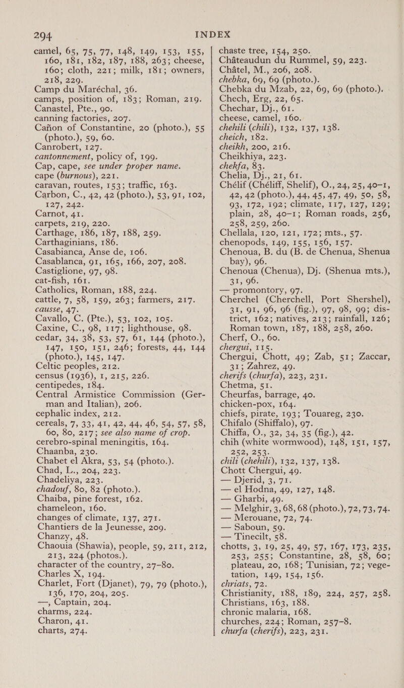 204 camel, 65, 75, 77, 148, 149, 153, 155, 160, 181, 182, 187, 188, 263; cheese, 160; cloth, 221; milk, 181; owners, 218, 229 Camp du Dishes, 36. camps, position of, 183; Roman, 219. Canastel, Pte., go. canning factories, 207. Cafion of Constantine, 20 (photo.), 55 (photo.), 59, 60. Canrobert, 127. cantonnement, policy of, 199. Cap, cape, see under proper name. cape (burnous), 221. caravan, routes, 153; traffic, 163. Carbon, C., 42, 42 (pHote:),,53, 98, ro2z, 127, 242. Carnot, 41. carpets, 219, 220. Carthage, 186, 187, 188, 259. Carthaginians, 186. Casabianca, Anse de, 106. Casablanca, o1, 165, 166, 207, 208. Castiglione, 97,9 cat-fish, 161. Catholics, Roman, 188, 224. eattle,7,.58, 159, 263; farmers, 217. causse, 47. Cavallo, C: (Pte.), 53,102; 10s. Caxine, C., 98, 117; lighthouse, 98. cedar, 345 38, 53, 575 61, 144 (photo.), 147, 150, 151, 246; forests, 44, 144 (photo.), 145, 147. Celtic peoples, 212. census (1936), I, 215, 226. centipedes, 184. Central Armistice Commission (Ger- man and Italian), 206. cephalic index, 212. cereals, 7, 33, 41, 42, 44, 46, 54, 57, 58, 60, 80, 217; see also name of crop. cerebro-spinal meningitis, 164. Chaanba, 230. Chabet el Akra, 53, 54 (photo.). Chad, L., 204, 223. Chadeliya, 223. chadouf, 80, 82 (photo.). Chaiba, pine forest, 162. chameleon, 160. changes of climate, 137, 271. Chantiers de la Jeunesse, 209. Chanzy, 48. Chaouia (Shawia), people, 59, 211, 212, 213, 224 (photos.). character of the country, 27-80. Charles X, 194. Charlet, Fort (Djanet), 79, 79 (photo.), £36,170, 204, 205, -——, Captain, 204. charms, 224. Charon, AE) chaste tree, 154, 250. Chateaudun du Rummel, 59, 223. Chatel, M., 206, 208. chebka, 69, 69 (photo.). Chebka du Mzab, 22, 69, 69 (photo.). Chechar, Dj., 61. cheese, camel, 160. chehili (chil), 132, 137, 138. cheich, 182. cheikh, 200, 216. Cheikhiya, 223. chekfa, 83. Chelia,:Di.;, 22, 02: Chélif (Chéliff, Shelif), O., 24, 25, 40-1, 42, 42 (photo.), 44, 45, 47, 49, 50, 58, 93,172,102; climate, £27,.027,2293 plain, 28, 40-1 - Roman roads, 256, 258, 259, 260. Chellala, 120, 121, 172; mts., 57. chenopods, 149, 155, 156, 157. Chenoua, B. du (B. de Chenua, Shenua bay), 96. Chenoua (Chenua), Dj. (Shenua mts.), 31, 96. — promontory, 97. Cherchel (Cherchell, Port Shershel), 31, 91, 96, 96 (fig.), 97, 98, 99; dis- trict, 162; natives, 213; rainfall, 126; Roman town, 187, 188, 258, 260. Cherf, O., 60: chergui, 115. Chergui, Chott, 49; Zab, 51; 31; Zahrez, 49. cherifs (churfa), 223, 231. Chetma, 51. Cheurfas, barrage, 40. chicken-pox, 164. chiefs, pirate, 193; Touareg, 230. Chifalo (Shiffalo), 97. Chiffa, O., 32, 34, 35 (fig.), 42. chih (white wormwood), 148, 151, 157, 252,253. chilt (chehilt), 132, 137, 138. Chott Chergui, 49. — Djerid, 3, 71. — el Hodna, 49, 127, 148. — Gharbi, 49. — Melghir, 3, 68, 68 (photo.), 72, 73, 74. — Merouane, 72, 74. — Saboun, 59. — Tinecilt, 58. chotts, 3, 19, 25, 49, 57, 167, 173, 235, 253, 255; Constantine, 28, 58, 60; plateau, 20, 168; Tunisian, 72; vege- tation, 149, 154, 156. chriats, 72. Christianity, 188, 189, 224, 257, 258. Christians, 163, 188. chronic malaria, 168. churches, 224; Roman, 257-8. Zaccar,