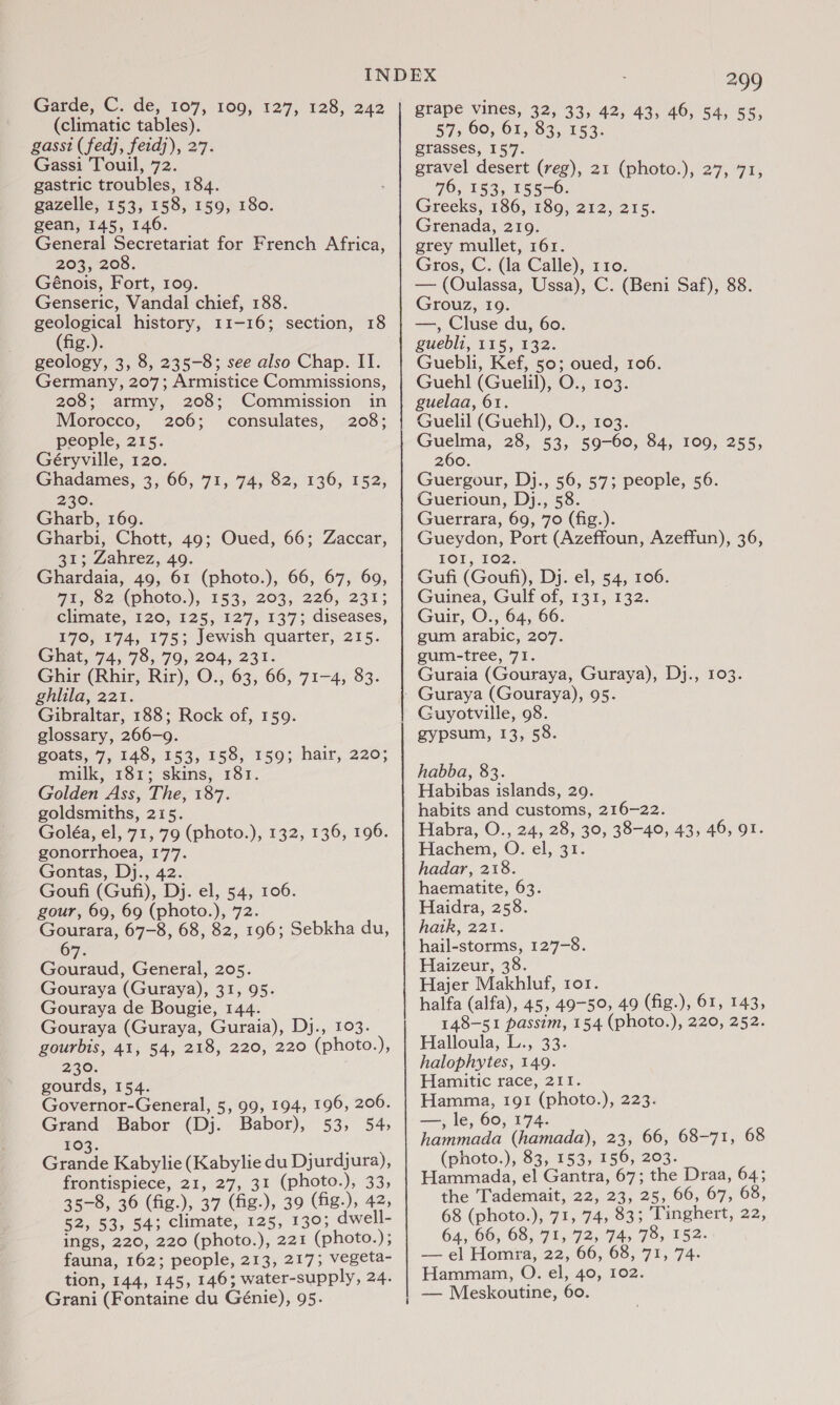 (climatic tables). gasst (fedj, feidj), 27. Gassi Touil, 72. gastric troubles, 184. gazelle, 153, 158, 159, 180. gean, 145, 146. General Secretariat for French Africa, 203, 208. Génois, Fort, 109. Genseric, Vandal chief, 188. geological history, 11-16; section, 18 (fig.). geology, 3, 8, 235-8; see also Chap. IT. Germany, 207; Armistice Commissions, 208; army, 208; Commission in Morocco, 206; consulates, 208; people, 215. Géryville, 120. Ghadames, 3, 66, 71, 74, 82, 136, 152, 230. Gharb, 169. Gharbi, Chott, 49; Oued, 66; Zaccar, 31; Zahrez, 49. Ghardaia, 49, 61 (photo.), 66, 67, 69, Ot Loe Apnotes), 163; 203,220, 233; climate, 120, 125, 127, 137; diseases, 170, 174, 175; Jewish quarter, 215. Ghat, 74, 78, 79, 204, 231. Ghir (Rhir, Rir), O., 63, 66, 71-4, 83. ghlila, 221. Gibraltar, 188; Rock of, 159. glossary, 266-9. goats, 7, 148, 153, 158, 159; hair, 220; milk, 181; skins, 181. Golden Ass, The, 187. goldsmiths, 215. Goléa, el, 71, 79 (photo.), 132, 136, 196. gonorrhoea, 177. Gontas, Dj., 42. Goufi (Gufi), Dj. el, 54, 106. gour, 69, 69 (photo.), 72. Gourara, 67-8, 68, 82, 196; Sebkha du, 67. Gouraud, General, 205. Gouraya (Guraya), 31, 95. Gouraya de Bougie, 144. Gouraya (Guraya, Guraia), Dj., 103. gourbis, 41, 54, 218, 220, 220 (photo.), 230: gourds, 154. Governor-General, 5, 99, 194, 196, 206. Grand Babor (Dj. Babor), 53, 54, 103. ste Grande Kabylie (Kabylie du Djurdjura), frontispiece, 21, 27, 31 (photo.), 33, 35-8, 36 (fig.), 37 (fig.), 39 (fig.), 42, 52, 53, 54; climate, 125, 130; dwell- ings, 220, 220 (photo.), 221 (photo.); fauna, 162; people, 213, 217; vegeta- tion, 144, 145, 146; water-supply, 24. Grani (Fontaine du Génie), 95. 299 57, 60, 61, 83, 153. grasses, 157. gravel desert (reg), 21 (photo.), 27, 71, 70; 153, 155-6. Greeks, 186, 189, 212, 215. Grenada, 219. grey mullet, 161. Gros, C. (la Calle), 110. — (Oulassa, Ussa), C. (Beni Saf), 88. Grouz, 19. —, Cluse du, 60. guebli, 115, 132. Guebli, Kef, 50; oued, 106. Guehl (Guelil), O., 103. guelaa, 61. Guelil (Guehl), O., 103. Guelma, 28, 53, 59-60, 84, 109, 255, 260. Guergour, Dj., 56, 57; people, 56. Guerioun, Dj., 58. Guerrara, 69, 70 (fig.). Gueydon, Port (Azeffoun, Azeffun), 36, FOT, TO2, Gufi (Goufi), Dj. el, 54, 106. Guinea, Gulf of, 131, 132. Guir, O., 64, 66. gum arabic, 207. gum-tree, 71. Guraia (Gouraya, Guraya), Dj., 103. Guraya (Gouraya), 95. Guyotville, 98. gypsum, 13, 58. habba, 83. Habibas islands, 29. habits and customs, 216-22. Habra, O., 24, 28, 30, 38-40, 43, 46, 91. Hachem, O. el, 31. hadar, 218. haematite, 63. Haidra, 258. hatk, 221. hail-storms, 127-8. Haizeur, 38. Hajer Makhluf, ror. halfa (alfa), 45, 49-50, 49 (fig.), 61, 143, 148-51 passim, 154 (photo.), 220, 252. Halloula, L., 33. halophytes, 149. Hamitic race, 211. Hamma, 191 (photo.), 223. —, le, 60, 174. hammada (hamada), 23, 66, 68-71, 68 (photo.), 83, 153, 156, 203. Hammada, el Gantra, 67; the Draa, 64; the T'ademait, 22, 23, 25, 66, 67, 68, 68 (photo.), 71, 74, 83; Tinghert, 22, 64, 66, 68, 71, 72, 74, 78, 152. — el Homra, 22, 66, 68, 71, 74. Hammam, O. el, 40, 102. — Meskoutine, 60.