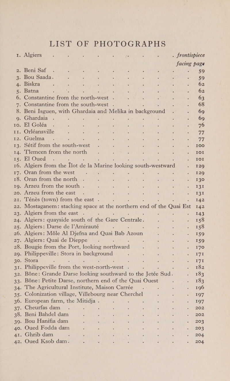 List OF PHOTOGRAPHS Bou Saada. Constantine Fora the amie west . . frontispiece 59 59 62 62 63 68 69 69 76 EAs 77 100 IOI IOI 129 129 130 131 E3t 142 143 158 158 159 159 1'70 I7I 171 182 183 183 196 197 197 202 202 203 203 204. 204.