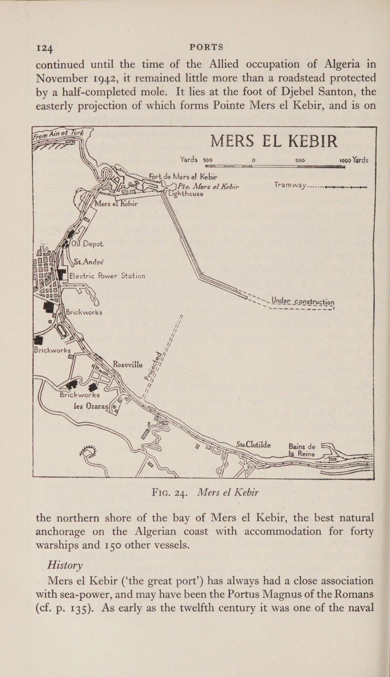  124 PORTS continued until the time of the Allied occupation of Algeria in November 1942, it remained little more than a roadstead protected by a half-completed mole. It lies at the foot of Djebel Santon, the easterly projection of which forms Pointe Mers el Kebir, and is on pom Ain et Turk Sh    MERS EL KEBIR    Yards soo ry 500 1000 Yards ) SS fet de Mers el Kebir Tom pS iS Aa Pte. Mers el Kebtr Tramway........ SUS ighthouse   ets e] ebir   i Depot   Electric Power Station waft Andee : -————_— =) ees Seen at) NBrickworks ‘ \ i Brickworks Si Pd ng gi gs     Bains de the northern shore of the bay of Mers el Kebir, the best natural anchorage on the Algerian coast with accommodation for forty warships and 150 other vessels. History Mers el Kebir (‘the great port’) has always had a close association with sea-power, and may have been the Portus Magnus of the Romans (cf. p. 135). As early as the twelfth century it was one of the naval