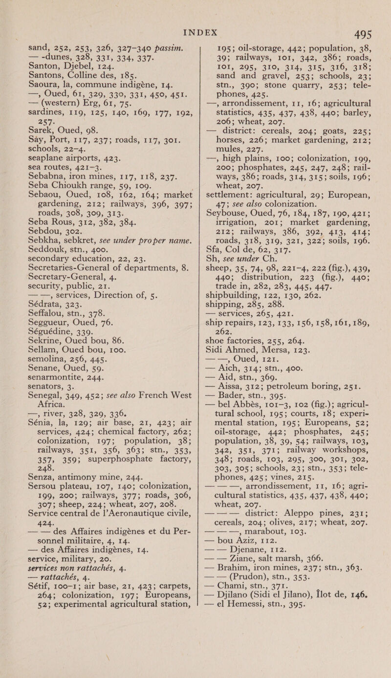 — -duhies, 328, 331; 334, 337- Santon, Djebel, 124. Santons, Colline des, 185. Saoura, la, commune indigéne, 14. —, Oued, 61, 329, 330, 331, 450, 451. — (western) Erg, 61, 75. sardines, 119, 125, 140, 169, 177, 192, 257: Sarek, Oued, 908. Say, Port, F17, 237 ;\roads; 117, 3on. schools, 22-4. seaplane airports, 423. sea routes, 421-3. Sebabna, iron mines, 117, 118, 237. Seba Chioukh range, 59, 109. : Sebaou, Oued, 108, 162, 164; market gardening, 212; railways, 396, 397; roads, 308, 309, 313. Seba Rous, 312, 382, 384. Sebdou, 302. Sebkha, sebkret, see under proper name. Seddouk, stn., 400. secondary education, 22, 23. Secretaries-General of departments, 8. Secretary-General, 4. security, public, 21. ——.,, services, Direction of, 5. Sédrata, 323. Seffalou, stn., 378. Seggueur, Oued, 76. Séguédine, 339. Sekrine, Oued bou, 86. Sellam, Oued bou, 100. semolina, 256, 445. Senane, Oued, 59. senarmontite, 244. senators, 3. Senegal, 349, 452; see also French West frica. —, river, 328, 329, 336. Sénia, la, 129; air base, 21, 423; air services, 424; chemical factory, 262; colonization, 197; population, 38; railways, 351, 356, 363; stn., 353, 357, 359; superphosphate factory, 248. Senza, antimony mine, 244. Sersou plateau, 107, 140; colonization, 199, 200; railways, 377; roads, 306, 307; sheep, 224; wheat, 207, 208. Service central de |’Aeronautique civile, 424. — —des Affaires indigénes et du Per- sonnel militaire, 4, 14. — des Affaires indigénes, 14. service, military, 20. services non rattachés, 4. — rattachés, 4. Sétif, 100-1; air base, 21, 423; carpets, 264; colonization, 197; Europeans, 52; experimental agricultural station, 495 39; railways, 101, 342, 386; roads, IOI, 295, 310, 314, 315, 316, 318; sand and gravel, 253; schools, 23; stn., 390; stone quarry, 253; tele- phones, 425. —, arrondissement, 11, 16; agricultural Statistics, 435, 437, 438, 440; barley, 206; wheat, 207. — district: cereals, 204; goats, 225; horses, 226; market gardening, 212; mules, 227. —, high plains, 100; colonization, 199, 200; phosphates, 245, 247, 248; rail- ways, 386; roads, 314, 315; soils, 196; wheat, 207. settlement: agricultural, 29; European, 47; see also colonization. Seybouse, Oued, 76, 184, 187, 190, 421; irrigation, 201; market gardening, 212; railways, 386, 392, 413, 4143 roads, 318, 319, 321, 322; soils, 196. Sfa, Col de, 62, 317. Sh, see under Ch. sheep, 35, 74, 98, 221-4, 222 (fig.), 439, 440; distribution, 223 (fig.), 440; trade in, 282, 283, 445, 447. shipbuilding, 122, 130, 262. shipping, 285, 288. — services, 265, 421. ship repairs, 123, 133, 156, 158, 161, 189, 262. shoe factories, 255, 264. Sidi Ahmed, Mersa, 123. — —, Oued, 121. — Aich, 314; stn., 400. — Aid, stn., 369. — Aissa, 312; petroleum boring, 251. — Bader, stn., 395. — bel Abbés, 101-3, 102 (fig.); agricul- tural school, 195; courts, 18; experi- mental station, 195; Europeans, 52; oil-storage, 442; phosphates, 245; population, 38, 39, 54; railways, 103, 342, 351, 371; railway workshops, 348; roads, 103, 295, 300, 301, 302, 303, 305; schools, 23; stn., 353; tele- phones, 425; vines, 215. — — —., arrondissement, 11, 16; agri- cultural statistics, 435, 437, 438, 440; wheat, 207. —-—-— district: Aleppo pines, 231; cereals, 204; olives, 217; wheat, 207. — — —, marabout, 103. — bou Aziz, 112. — — Djenane, 112. — — Ziane, salt marsh, 366. — Brahim, iron mines, 237; stn., 363. — — (Prudon), stn., 353. — Chami, stn., 371. — Djilano (Sidi el Jilano), [lot de, 146. — el Hemessi, stn., 395.