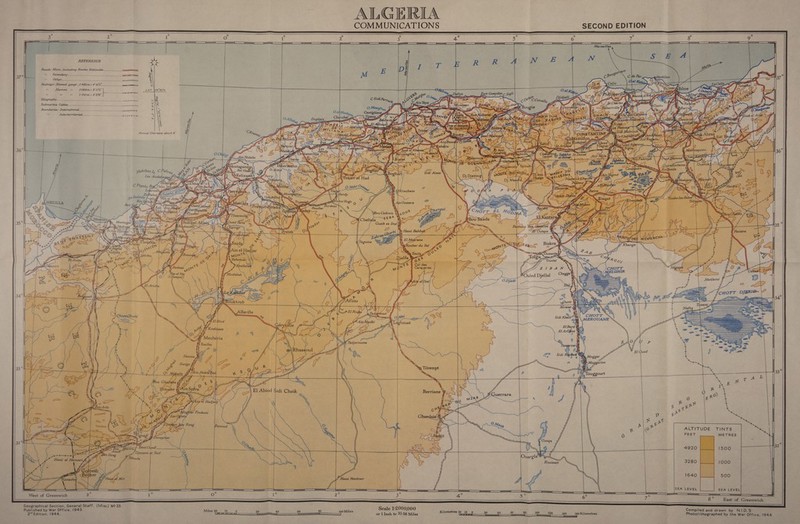 ALGERIA COMMUNICATIONS SECOND EDITION                 [OF oe eeer eee = Railways: Normal gauge ,1-435m=4°8/4 ———=— Narrow » L055m = 3°572 100m = 3°3% (a4 SidtFerr     Boundaries: International_________-_-_______________. Perercee ms   O. Oe Hacy, Castiglione. Cherchel, RQ Ye azaZ)   ies sea wa     Annual Decrease about 6  * eas aastloug, aub ' =   : :     : se } = % Ain Oussera        Pearee.     t NK Montagm i = A ; AK}: 4) SN gnac D at JX io h &gt; Ke SN nce ot Seah Pr f { . a&gt; Si.bou Djen i N q a », A Kren © 4 Bees ¥ 4 ; L Sea Ve ae din L \ é QZ RSSES Flemeén ro by, I Says S \ Y, ! Z 5 \ rs      ‘ PPE oO x = Ain el Hadjar MONT? - \\ F Tafarouay eS af    en ge RT | ee ee CF) Be  é AS He One ae Ose 3h oh fe — oe: rh we ’ &lt;&lt; Ws f Itan &lt;t &lt;2 id Gale : ae          Arla P sats ie Ree Eas \\ ;         ° 33         oe ee ES Re eee eT ee ee oe SSS a a ass ae eS eas Ss SSS SS ee ON bs. ee eee Sed ss  eons,  Tsay. | ALTITUDE TINTS METRES            C—O —————T a} 8° Bast Jof Greenwach: West of Greenwich 2 I Oo 1? yes 3   Geographical Section, General Staff, (Mise.) NO 33. : Published by War Office, 1943. Ree Ca ee a oM ra . Pee Seale 1:2,000,000 Compiled andcdkauh. A NEES 