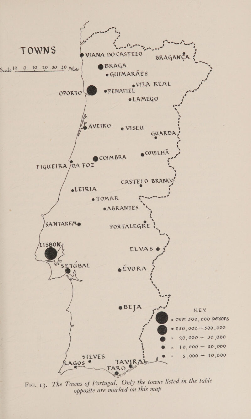              oF) aoonee Ye, ¢ HM &lt; ¢ ay OWN 5 YC wolbetse, ote ees wenn VIANA DO CASTELO eo 7 BRAGANGA { Scale 129 39 20 30 49 miles @ BRAGA cies e GUIMARAES f eVILA REAL os OPORTO @ePENATIEL Anan @ LAMEGO v a ‘\ Xv &gt; a AVEIRO 5 VISEU \ GUARDA? @ XN c ecomena OO FIGUEIRA /DA FOZ 1 sy » a CASTELO BRANCOY eLEIRIA Z &lt; @ TOMAR ia aaa eABRANTES S a * NTAREA oe * aa . PORTALEGRE ¢_ Laie S He ELVAS @ &amp; OX fe a SETUBAL , c @EVORA ¥ : a ‘“ a) $ tern 2 § @ BETA ete! , KEY Ld &amp; oe bg = OVET 500, 000 PeTSONS a : &amp; = 250,000 — 500,000 a a . @ = 20,000 ~ 50,000 ‘ @® = 10,000 — 20,000 : @ = 5,000 — 10,000 Fic. 13. The Towns of Portugal. Only the towns listed in the table opposite are marked on this map