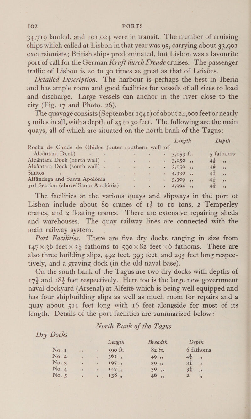 34,719 landed, and ro1,024 were in transit. ‘The number of cruising ships which called at Lisbon in that year was 95, carrying about 33,901 excursionists; British ships predominated, but Lisbon was a favourite port of call for the German Kraft durch Freude cruises. ‘The passenger trafic of Lisbon is 20 to 30 times as great as that of Leixées. Detailed Description. The harbour is perhaps the best in Iberia and has ample room and good facilities for vessels of all sizes to load and discharge. Large vessels can anchor in the river close to the city (Fig. 17 and Photo. 26). The quayage consists (September 1941) of about 24,000 feet or nearly 5 miles in all, witha depth of 25 to 30feet. ‘The following are the main quays, all of which are situated on the north bank of the Tagus: Length Depth Rocha de Conde de Obidos (outer southern wall of Alcantara Dock) ; ; : : ; &gt; S659 Ht, 5 fathoms Alcantara Dock (north wall) . ‘ ; : - Saer5O-.5, Ae es Alcantara Dock (south wall) . : : : &lt;i ROP 25 qa Santos : : ‘ : ; : : 2 8433025, 44+ s,, Alfandega and Santa Apolonia : : ‘ sh REIOO ty yi eee 3rd Section (above Santa Apolonia) : ; o 2500 a.,, 4t 5, The facilities at the various quays and slipways in the port of Lisbon include about 80 cranes of 14 to 10 tons, 2 ‘Temperley cranes, and 2 floating cranes. ‘There are extensive repairing sheds and warehouses. ‘The quay railway lines are connected with the main railway system. Port Facilities. ‘There are five dry docks ranging in size from 147 X 36 feet x 34 fathoms to 59082 feet x6 fathoms. There are also three building slips, 492 feet, 393 feet, and 295 feet long respec- tively, and a graving dock (in the old naval base). On the south bank of the Tagus are two dry docks with depths of 174 and 184 feet respectively. Here too is the large new government naval dockyard (Arsenal) at Alfeite which is being well equipped and has four shipbuilding slips as well as much room for repairs. and a quay about 511 feet long with 16 feet alongside for most of its length. Details of the port facilities are summarized below: North Bank of the Tagus Dry Docks Length Breadth Depth No. 1 590 ft. 82 ft. 6 fathoms No. 2 361 ” 49 5, 43 99 No. 3 197 5, 39 » Ey aaa No. 4 147 5, 36 ,, ce ay No. 5 138 ,, 46 ,, 2 %