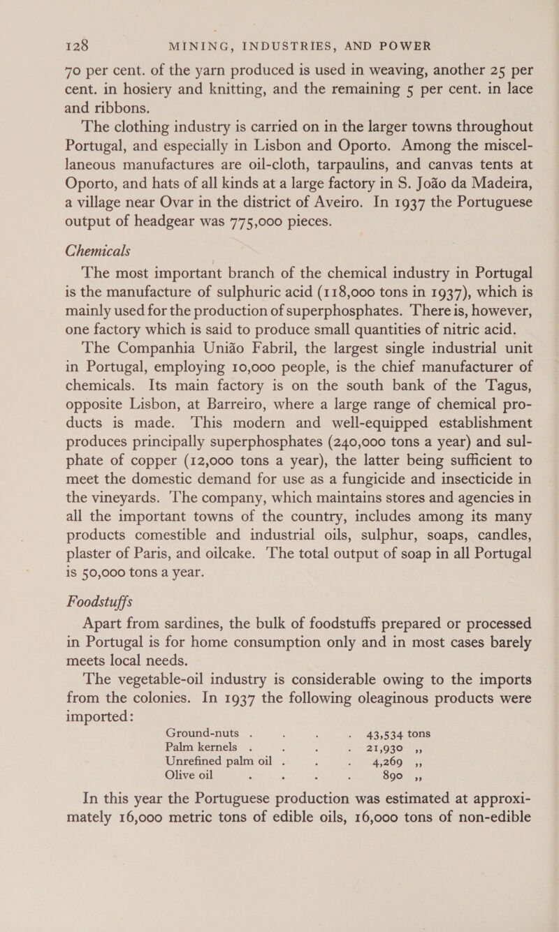 70 per cent. of the yarn produced is used in weaving, another 25 per cent. in hosiery and knitting, and the remaining 5 per cent. in lace and ribbons. The clothing industry is carried on in the larger towns throughout Portugal, and especially in Lisbon and Oporto. Among the miscel- laneous manufactures are oil-cloth, tarpaulins, and canvas tents at Oporto, and hats of all kinds at a large factory in S. Joao da Madeira, a village near Ovar in the district of Aveiro. In 1937 the Portuguese output of headgear was 775,000 pieces. Chemicals The most important branch of the chemical industry in Portugal is the manufacture of sulphuric acid (118,000 tons in 1937), which is mainly used for the production of superphosphates. There is, however, one factory which is said to produce small quantities of nitric acid. The Companhia Unido Fabril, the largest single industrial unit in Portugal, employing 10,000 people, is the chief manufacturer of chemicals. Its main factory is on the south bank of the Tagus, opposite Lisbon, at Barreiro, where a large range of chemical pro- ducts is made. This modern and well-equipped establishment produces principally superphosphates (240,000 tons a year) and sul- phate of copper (12,000 tons a year), the latter being sufficient to meet the domestic demand for use as a fungicide and insecticide in the vineyards. ‘he company, which maintains stores and agencies in all the important towns of the country, includes among its many products comestible and industrial oils, sulphur, soaps, candles, plaster of Paris, and oilcake. ‘The total output of soap in all Portugal 1S 50,000 tons a year. Foodstuffs Apart from sardines, the bulk of foodstuffs prepared or processed in Portugal is for home consumption only and in most cases barely meets local needs. The vegetable-oil industry is considerable owing to the imports from the colonies. In 1937 the following oleaginous products were imported: Ground-nuts . : : » '435534 tons Palm kernels . : : 5 PLO GO™ 5; Unrefined palm oil . : a. 84260 55 Olive oil : ‘ : 2 890 _ ,; In this year the Portuguese production was estimated at approxi- mately 16,000 metric tons of edible oils, 16,000 tons of non-edible