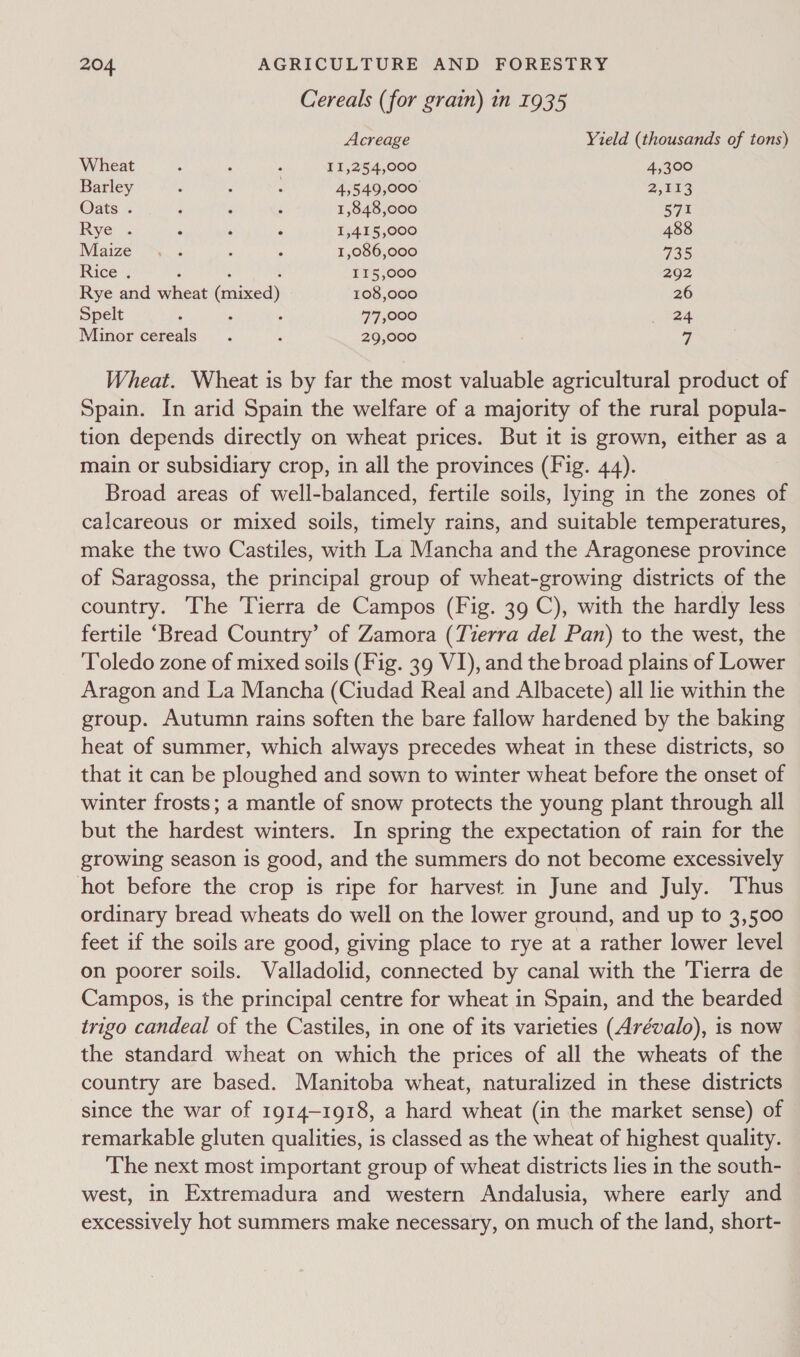 Cereals (for grain) in 1935 Acreage Yield (thousands of tons) Wheat . , 11,254,000 4,300 Barley 4 : : 4,549,000 2,113 Oats . ; é : 1,848,000 571 Rye . : ‘. fs 1,415,000 488 Maize .. ; ; 1,086,000 735 Rice . i : ‘ 115,000 292 Rye and wheat (mixed) 108,000 26 Spelt ; : ; 77,000 24 Minor cereals. , 29,000 | Wheat. Wheat is by far the most valuable agricultural product of Spain. In arid Spain the welfare of a majority of the rural popula- tion depends directly on wheat prices. But it is grown, either as a main or subsidiary crop, in all the provinces (Fig. 44). Broad areas of well-balanced, fertile soils, lying in the zones of calcareous or mixed soils, timely rains, and suitable temperatures, make the two Castiles, with La Mancha and the Aragonese province of Saragossa, the principal group of wheat-growing districts of the country. The Tierra de Campos (Fig. 39 C), with the hardly less fertile ‘Bread Country’ of Zamora (Tierra del Pan) to the west, the Toledo zone of mixed soils (Fig. 39 VI), and the broad plains of Lower Aragon and La Mancha (Ciudad Real and Albacete) all lie within the group. Autumn rains soften the bare fallow hardened by the baking heat of summer, which always precedes wheat in these districts, so that it can be ploughed and sown to winter wheat before the onset of winter frosts; a mantle of snow protects the young plant through all but the hardest winters. In spring the expectation of rain for the growing season is good, and the summers do not become excessively hot before the crop is ripe for harvest in June and July. Thus ordinary bread wheats do well on the lower ground, and up to 3,500 feet if the soils are good, giving place to rye at a rather lower level on poorer soils. Valladolid, connected by canal with the Tierra de Campos, is the principal centre for wheat in Spain, and the bearded trigo candeal of the Castiles, in one of its varieties (Arévalo), is now the standard wheat on which the prices of all the wheats of the country are based. Manitoba wheat, naturalized in these districts since the war of 1914-1918, a hard wheat (in the market sense) of remarkable gluten qualities, is classed as the wheat of highest quality. The next most important group of wheat districts lies in the south- west, in Extremadura and western Andalusia, where early and excessively hot summers make necessary, on much of the land, short-