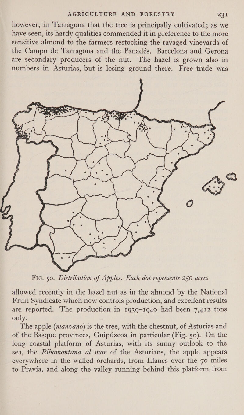  Fic. 50. Distribution of Apples. Each dot represents 250 acres allowed recently in the hazel nut as in the almond by the National Fruit Syndicate which now controls production, and excellent results are reported. The production in 1939-1940 had been 7,412 tons only. The apple (manzano) is the tree, with the chestnut, of Asturias and of the Basque provinces, Guiptzcoa in particular (Fig. 50). On the long coastal platform of Asturias, with its sunny outlook to the sea, the Ribamontana al mar of the Asturians, the apple appears everywhere in the walled orchards, from Llanes over the 70 miles to Pravia, and along the valley running behind this platform from