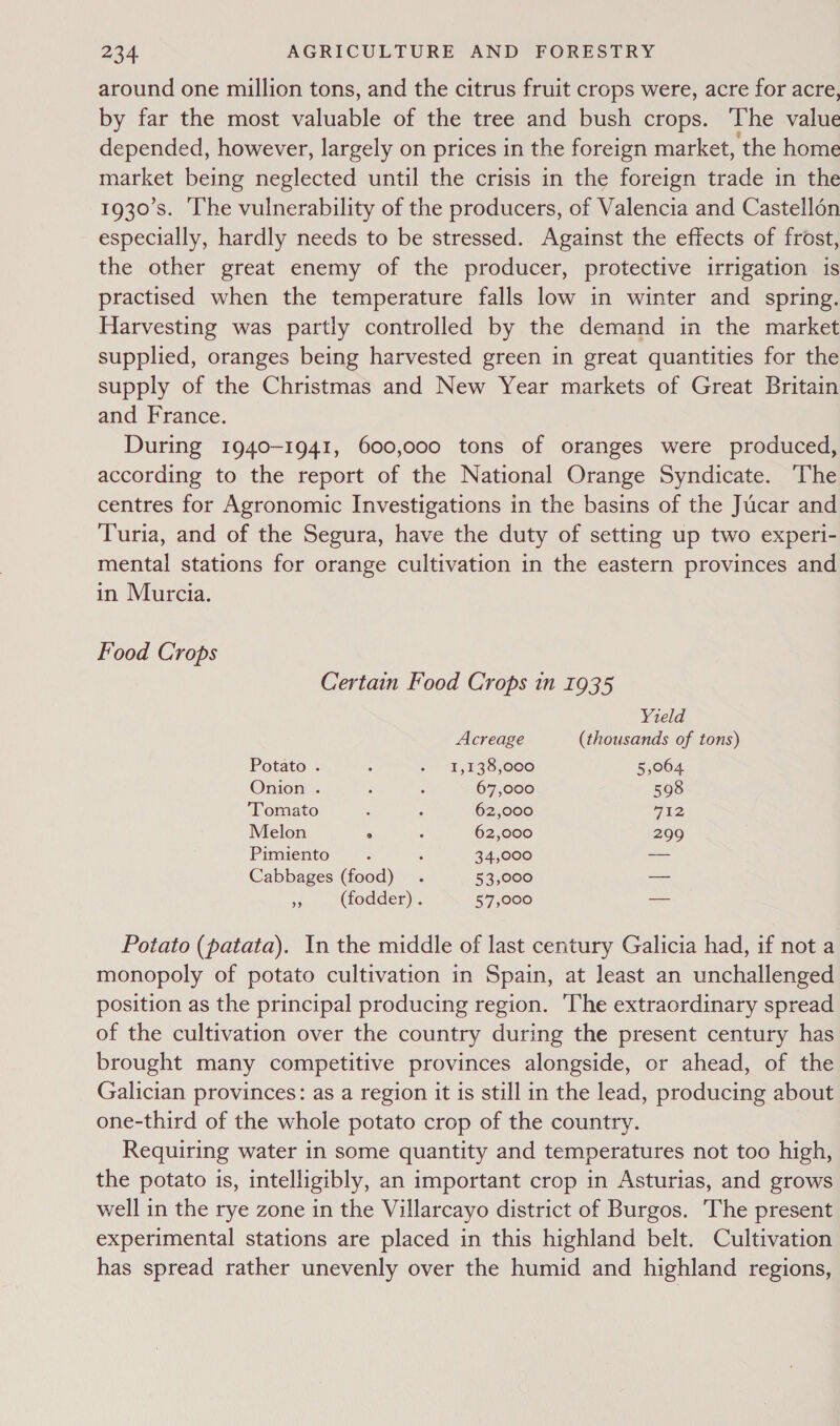 around one million tons, and the citrus fruit crops were, acre for acre, by far the most valuable of the tree and bush crops. The value depended, however, largely on prices in the foreign market, the home market being neglected until the crisis in the foreign trade in the 1930's. ‘I'he vulnerability of the producers, of Valencia and Castellon especially, hardly needs to be stressed. Against the effects of frost, the other great enemy of the producer, protective irrigation is practised when the temperature falls low in winter and spring. Harvesting was partly controlled by the demand in the market supplied, oranges being harvested green in great quantities for the supply of the Christmas and New Year markets of Great Britain and France. During 1940-1941, 600,000 tons of oranges were produced, according to the report of the National Orange Syndicate. The centres for Agronomic Investigations in the basins of the Jucar and Turia, and of the Segura, have the duty of setting up two experi- mental stations for orange cultivation in the eastern provinces and in Murcia. Food Crops Certain Food Crops in 1935 Yield Acreage (thousands of tons) Potato . ; * “L, 239,000 5,064 Onion . : ; 67,000 598 Tomato s ; 62,000 712 Melon ° ; 62,000 299 Pimiento é : 34,000 — Cabbages (food) . 53,000 a a (fodder) . 57,000 --- Potato (patata). In the middle of last century Galicia had, if not a monopoly of potato cultivation in Spain, at least an unchallenged position as the principal producing region. The extraordinary spread of the cultivation over the country during the present century has brought many competitive provinces alongside, or ahead, of the Galician provinces: as a region it is still in the lead, producing about one-third of the whole potato crop of the country. Requiring water in some quantity and temperatures not too high, the potato is, intelligibly, an important crop in Asturias, and grows well in the rye zone in the Villarcayo district of Burgos. The present experimental stations are placed in this highland belt. Cultivation has spread rather unevenly over the humid and highland regions,