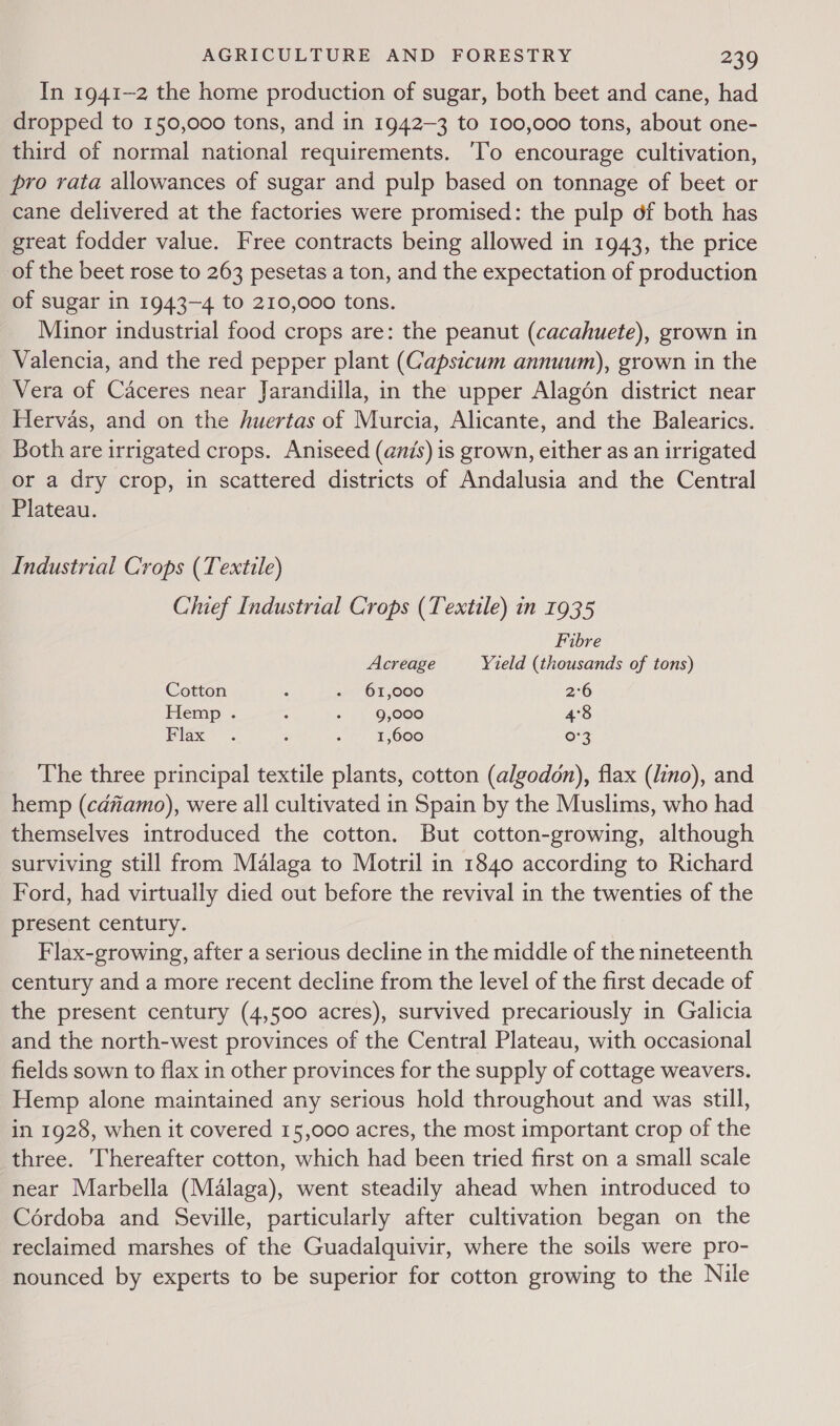 In 1941-2 the home production of sugar, both beet and cane, had dropped to 150,000 tons, and in 1942-3 to 100,000 tons, about one- third of normal national requirements. ‘To encourage cultivation, pro rata allowances of sugar and pulp based on tonnage of beet or cane delivered at the factories were promised: the pulp of both has great fodder value. Free contracts being allowed in 1943, the price of the beet rose to 263 pesetas a ton, and the expectation of production of sugar in 1943-4 to 210,000 tons. Minor industrial food crops are: the peanut (cacahuete), grown in Valencia, and the red pepper plant (Capsicum annuum), grown in the Vera of Caceres near Jarandilla, in the upper Alagén district near Hervas, and on the huertas of Murcia, Alicante, and the Balearics. Both are irrigated crops. Aniseed (anis) is grown, either as an irrigated or a dry crop, in scattered districts of Andalusia and the Central Plateau. Industrial Crops (Textile) Chief Industrial Crops (Textile) in 1935 Fibre Acreage Yield (thousands of tons) Cotton . - 61,000 2°6 Hemp. : - 9,000 4°8 Plax. ; : 1,600 03 The three principal textile plants, cotton (algodon), flax (lino), and hemp (cdfamo), were all cultivated in Spain by the Muslims, who had themselves introduced the cotton. But cotton-growing, although surviving still from Malaga to Motril in 1840 according to Richard Ford, had virtually died out before the revival in the twenties of the present century. Flax-growing, after a serious decline in the middle of the nineteenth century and a more recent decline from the level of the first decade of the present century (4,500 acres), survived precariously in Galicia and the north-west provinces of the Central Plateau, with occasional fields sown to flax in other provinces for the supply of cottage weavers. Hemp alone maintained any serious hold throughout and was still, in 1928, when it covered 15,000 acres, the most important crop of the three. Thereafter cotton, which had been tried first on a small scale near Marbella (Malaga), went steadily ahead when introduced to Cérdoba and Seville, particularly after cultivation began on the reclaimed marshes of the Guadalquivir, where the soils were pro- nounced by experts to be superior for cotton growing to the Nile