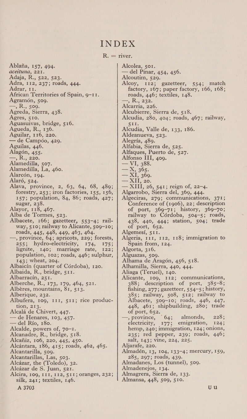 aceituna, 221. Ndaja, R., 522, 523. Adra, 112, 237; roads, 444. Adrar, 11. African Territories of Spain, 9-11. Agram6n, 509. ee, nS, 509. Agreda, Sierra, 438. Agres, 510. Aguasuivas, bridge, 516. Agueda, R., 13 Aguilar, 116, 220. — de Campéoo, 429. Aguilas, 446. Alagon, 455. —, R., 220. Alamedilla, 507. Alamedilla, La, 460. Alarcon, 194. Alar6, 524. Alava, province, 2, 63, 64, 68, 489; forestry, 253; iron factories, 155, 156, 157; population, 84, 86; roads, 427; sugar, 238. Alayor, 118, 467. Alba de Tormes, 523. Albacete, 166; gazetteer, 553-4; rail- way, 510; railway to Alicante, 509-10; roads, 445, 448, 449, 463, 464. —, province, 64; apricots, 229; forests, 25 5; hydro-electricity, 174, 175; lignite, 140; marriage rate, 122; population, 102; roads, 446; sulphur, 143; wheat, 204. Albaicin (quarter of Cérdoba), 120. Albaida, R., bridge, 511. Albarracin, 251. Alberche, R., 173, 179, 464, 521. Albéres, mountains, Sr, S035 Alberique, 232, Albufera, 109, III, 511; 110M, -213. Alcala de Chivert, 447. — de Henares, 103, 457. — del Rio, 180. Alcalde, powers of, 70-1. Alcanadre, R., bridge, 518. Alcafiiz, 106, 220, 445, 450. Alcantara, 186, 415; roads, 462, 465. Alcantarilla, 509. Alcantarillas, Las, 503. Alcazar, the (Toledo), 32. Alcazar de S. Juan, 521. Alcina; 1090; 11; 112, 51 Reoranges, 232; silk, 241; textiles, 146. A 3703 rice produc- — del Pinar, 454, 456. Alcoutim, 529. Alcoy, 112; gazetteer, 554; match factory, 167; paper factory, 166, 168; roads, 446; textiles, 148. —, R., 232. Alcarria, 226. Alcubierre, Sierra de, 518. Alcudia, 280, 404; roads, 467; railway, 511. Alcudia, Valle de, 133, 186. Aldeanueva, 523. Alegria, 489. Alfabia, Sierra de, 525. Alfaques, Puerto de, 527. Alfonso III, 409. — VI, 388. — X, 365. — XI, 369. — XII, 20. — XIII, 26, 541; reign of, 22-4. Algarrobo, Sierra del, 369, 444. Algeciras, 279; communications, 371; Conference of (1906), 22; description of port, 369-71; history, 369-70; railway to Cérdoba, 504-5; roads, 438, 440, 444; station, 504; trade of port, 652. Algemesi, 511. Algeria, 111, 112, 118; immigration to Spain from, 124. Algorta, 316. Alguazas, 509. Alhama de Aragon, 456, 518. Alhamilla, Sierra, 440, 444. Aliaga (Teruel), 140. Alicante, 109, 112; communications, 388; description of port, 385-8; fishing, 277; gazetteer, 554-5; history, 385; railway, 508, 512; railway to Albacete, 509-10; roads, 446, 447, 448, 461; shipbuilding, 280; trade of port, 652. —, province, ‘64; almonds, 228; electricity, 177; emigration, 124; hemp, 240; immigration, 124; onions, 235; red pepper, 239; roads, 446; salt, 143; vine, 224, 225. Aljarafe, 220. Almadén, 13, 104, 133-4; mercury, 159, 285, 297; roads, 439. Almadanes, Los (tunnel), 509. Almadenejos, 134. Almagrera, Sierra de, 133. Almansa, 448, 509, 510.