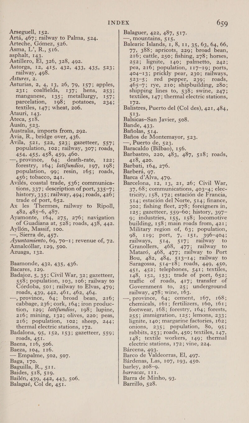 Arseguell, 152. Arta, 467; railway to Palma, 524. Arteche, Gémez, 526. Asma, L’,.R., 516. asphalt, 143. Astillero, El, 326, 328, 492. Astorga, 12, 415, 432, 433, 435, 523; railway, 498. Astures, 2. Asturias, 2, 4, 13, 26, 79, 157; apples, 21; coalhields;-. 137; hens; 253: manganese, 135; metallurgy, 157; parcelation, 198; potatoes, 234; textiles, 1477; wheat, 206. Atauri, 143. Ateca, 518. Ausin, 523. Australia, imports from, 292. Avia, R., bridge over, 436. Avila, 521,- 522, 5233 gazetteer, 557; population, 102; railway, 307; roads, 454, 455, 458, 459, 460. —, province, 64; death-rate, 122; forestry, 164; latifundios, 197, 198; population, 99; resin, 165; roads, 456; tobacco, 241. Avilés, coastal trade, 536; communica- tions, 337; description of port, 335-7; history, 335; railway, 494; roads, 426; trade of port, 652. Ax les. Thermes, railway to Ripoll, 482, 485-6, 487. Ayamonte, 164, 275, 276; navigation of Guadiana at, 528; roads, 438, 442. Ayllén, Massif, 100. —, Sierra de, 457. Ayuntamiento, 69, 70-1; revenue of, 72. Aznalcdllar, 129, 500. Azuaga, 132. Baamonde, 432, 435, 436. Bacares, 129. Badajoz, 5, 35; Civil War, 32; gazetteer, 558; population, 103, 106; railway to Cérdoba, 501; railway to Elvas, 479; roads, 439, 442, 461, 462, 464. —, province, 64; broad bean, 216; cabbage, 236; cork, 164; iron produc- tion, 129; latifundios, 198; lupine, 216; mining, 132; olives, 220; peas, 216; population, 102; sheep, 244; thermal electric stations, 172. Badalona, 95, 152, 153; gazetteer, 559; roads, 451. Baena, 116, 506. Baeza, 104, 116. — Empalme, 502, 507. Baga, 170. Baguilla, R., 511. Baides, 518, 519. Bailén, 439, 442, 443, 506. Balagué, Col de, 451. 659 Balaguer, 422, 487, 517. —, mountains, 515. Balearic Islands, 1, 8, 11, 35, 63, 64, 66, 77, 388; apricots, 229; broad bean, 216; cattle, 250; fishing, 278; horses, 252; lignite, 140; palmetto, 242; pea, 216; population, 117-19; ports, 404-13; prickly pear, 230; railways, 523-5; red pepper, 239; roads, 465-7; rye, 210; shipbuilding, 280; shipping lines to, 538; swine, 247; textiles, 147; thermal electric stations, E72. Balistres, Puerto del (Col des), 421, 484, 513. Balsicas—San Javier, 508. Bande, 433. Bafiolas, 514. Bafios de Montemayor, 523. —, Puerto de, 523. Baracaldo (Bilbao), 156. Barbastro, 220, 483, 487, 518; roads, 418, 420. Barbati, 164, 276. Barbera, 97. Barca d’Alva, 479. Barcelona, 12, 13, 21, 26; Civil War, 37,68; communications, 403-4; elec- tricity, 158, 172; estaciédn de Francia, 514; estacidn del Norte, 514; finance, 302; fishing fleet, 278; foreigners in, 125; gazetteer, 559-60; history, 397- 9; industries, 155, 158; locomotive building, 158; main roads from, 421; Military region of, 63; population, 98, 119; port, 73,151, 396-404; railways, 514, 517; railway to Granollers, 468, 477; railway to Matar6, 468, 477; railway to Port Bou, 482, 484, 513-14; railway to Saragossa, 514-18; roads, 449, 450, 451, 452; telephones, 541; textiles, 148, 152, 153; trade of port, 652; trafic of roads, 417; transfer of Government to, 25; underground railway, 478; wine, 163. —, province, 64; cement, 167, 168; chemicals, 161; fertilizers, 160, 161; footwear, 168; forestry, 164; forests, 255; immigration, 125; lemons, 233; lignite, 140; margarine factories, 162; onions, 235; population, 80, 95; rabbits, 253; roads, 450; textiles, 147, 148; textile workers, 149; thermal electric stations, 172; vine, 224. Barcena, 493. Barco de Valdeorras, El, 497. Bardenas, Las, 107, 193, 450. barley, 208-9. barracas, 111. Barra de Minho, 93. Barrillo, 528.