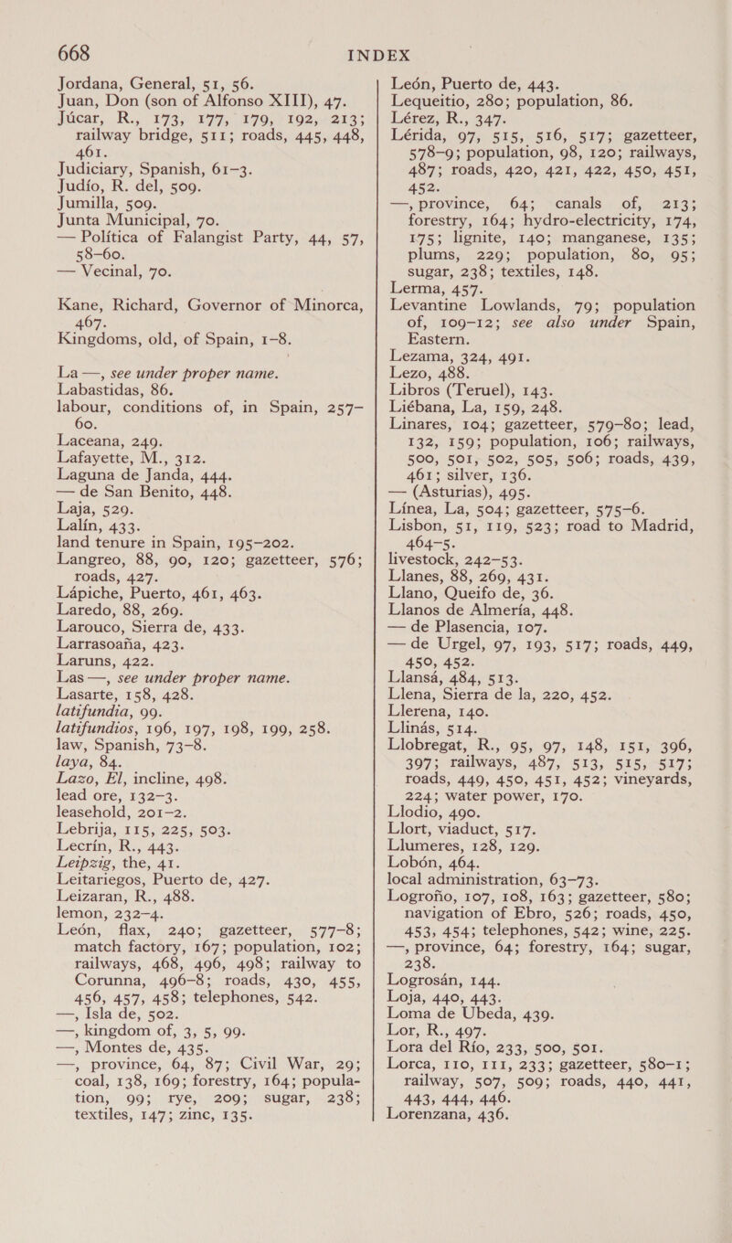 Jordana, General, 51, 56. Juan, Don (son of Alfonso XIII), 47. jiear, R. 173; 197, 179; 19212235 railway bridge, 511; roads, 445, 448, 461. Judiciary, Spanish, 61-3. Judio, R. del, 509. Jumilla, 509. Junta Municipal, 70. — Politica of Falangist Party, 44, 57, 58-60. — Vecinal, 7o. Kane, Richard, Governor of Minorca, 467. Kingdoms, old, of Spain, 1-8. La—, see under proper name. Labastidas, 86. labour, conditions of, in Spain, 257- 60. Laceana, 249. Lafayette, M., 312. Laguna de Janda, 444. — de San Benito, 448. Laja, 529. Lalin, 433. land tenure in Spain, 195-202. Langreo, 88, 90, 120; gazetteer, 576; roads, 427. Lapiche, Puerto, 461, 463. Laredo, 88, 269. Larouco, Sierra de, 433. Larrasoafia, 423. Laruns, 422. Las —, see under proper name. Lasarte, 158, 428. latifundia, 99. latifundios, 196, 197, 198, 199, 258. law, Spanish, 73-8. laya, 84. Lazo, El, incline, 498. lead ore, 132-3. leasehold, 201-2. Lebrija, 115, 225.503. Lecrin, R.,.443,. Leipzig, the, 41. Leitariegos, Puerto de, 427. Leizaran, R., 488. lemon, 232-4. Leén, flax, 240; gazetteer, 577-8; match factory, 167; population, 102; railways, 468, 496, 498; railway to Corunna, 496-8; roads, 430, 455, 456, 457, 458; telephones, 542. —, Isla de, 502. —, kingdom of, 3, 5, 99. —, Montes de, 435. —, province, 64, 87; Civil War, 29; coal, 138, 169; forestry, 164; popula- tion, 99; rye, 209; sugar, 238; textiles, 147; zinc, 135. Leon, Puerto de, 443. Lequeitio, 280; population, 86. hérez VR.347: Lérida, 97, 515, 516, 517; gazetteer, 578-9; population, 98, 120; railways, 487; roads, 420, 421, 422, 450, 451, 452. —, province, 64; canals of, 213; forestry, 164; hydro-electricity, 174, 175; lignite, 140; manganese, 135; plums, 229; population, 80, 95; sugar, 238; textiles, 148. Lerma, 457. Levantine Lowlands, of, 109-12; see also under Eastern. Lezama, 324, 491. Lezo, 488. Libros (Teruel), 143. Liébana, La, 159, 248. Linares, 104; gazetteer, 579-80; lead, 132, 159; population, 106; railways, 500, 501, 502, 505, 506; roads, 439, 461; silver, 136. — (Asturias), 495. Linea, La, 504; gazetteer, 575-6. Lisbon, 51, 119, 523; road to Madrid, _ 464-5. livestock, 242-53. Llanes, 88, 269, 431. Llano, Queifo de, 36. Llanos de Almeria, 448. — de Plasencia, 107. ==de Urgel, 97, 193, 450, 452. Llansa, 484, 513. Llena, Sierra de la, 220, 452. Llerena, 140. Llinas, 514. Llobregat, R., 95, 97, 148, 151, 396, 397; railways, 487), 5135 5153547; roads, 449, 450, 451, 452; vineyards, 224; water power, 170. Llodio, 490. Llort, viaduct, 517. Llumeres, 128, 129. Lobén, 464. local administration, 63-73. Logrofio, 107, 108, 163; gazetteer, 580; navigation of Ebro, 526; roads, 450, 453, 4545 telephones, 542; wine, 225. —, province, 64; forestry, 164; sugar, 238. Logrosan, 144. Loja, 440, 443. Loma de Ubeda, 439. Lor, R., 497. Lora del Rio, 233, 500, 501. Lorca, 110, 111, 233; gazetteer, 580-1; railway, 507, 509; roads, 440, 441, 443, 444, 446. Lorenzana, 436. 79; population Spain, 517; roads, 449,