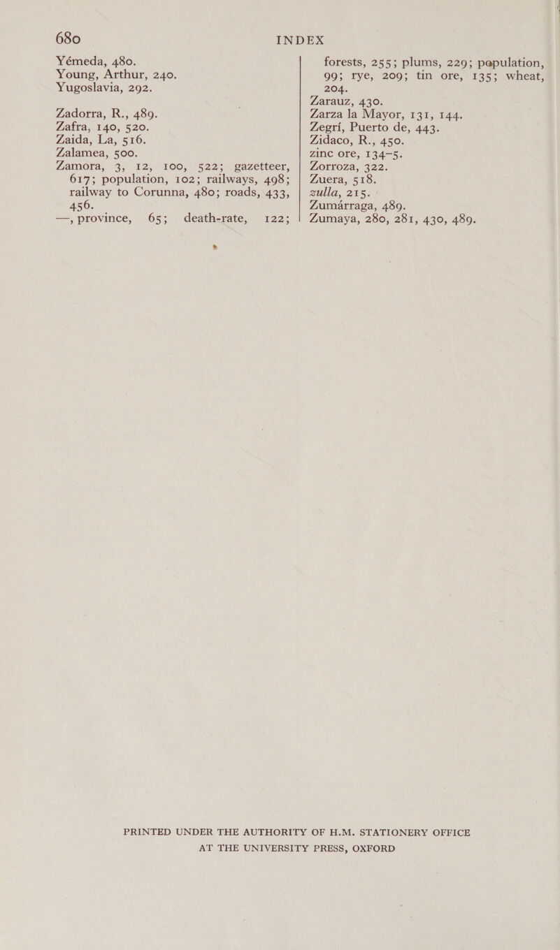 Yémeda, 480. Young, Arthur, 240. Yugoslavia, 292. Zadorra, R., 489. Zafra, 140, 520. Zaida,-a, 516. Zalamea, 500. Zamora, 3, 12, 100, 522; gazetteer, 617; population, 102; railways, 498; railway to Corunna, 480; roads, 433, 456, ® forests, 255; plums, 229; pepulation, 99; rye, 209; tin ore, 135; wheat, 204. Zarauz, 430. Zarza la Mayor, 131, 144. Zegri, Puerto de, 443. Zidaco, R., 450. zinc ore, 134-5. Zorroza, 322. Zuera, 518. BUG, 25. * Zumiartrraga, 489.