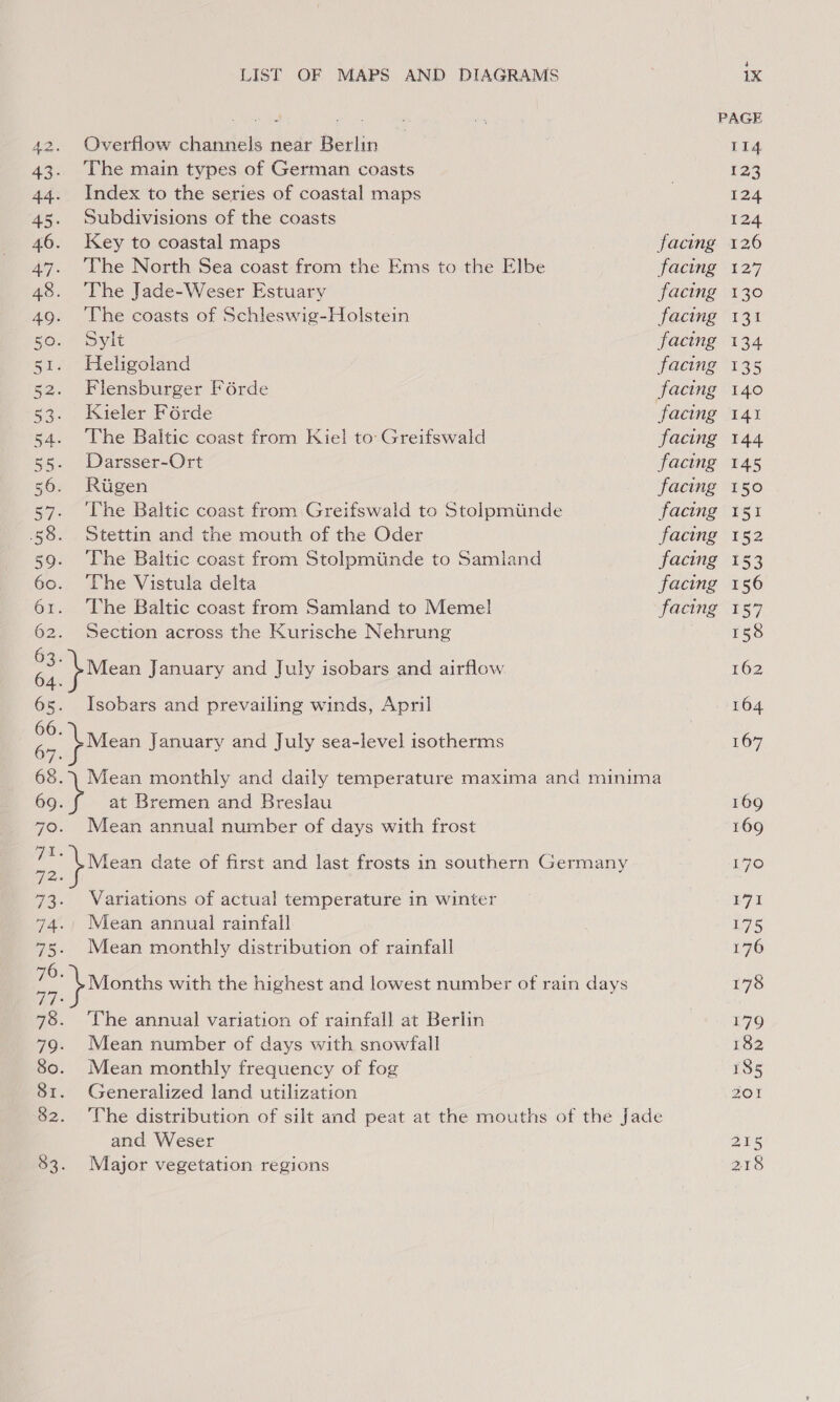 LIST OF MAPS AND DIAGRAMS Overflow channels near Berlin The main types of German coasts Index to the series of coastal maps Subdivisions of the coasts Key to coastal maps The North Sea coast from the Ems to the Elbe The Jade-Weser Estuary The coasts of Schleswig-Holstein Sylt Heligoland Flensburger Férde Kieler Férde The Baltic coast from Kiel to Greifswald Darsser-Ort Rigen ‘The Baltic coast from Greifswald to Stolpmiinde Stettin and the mouth of the Oder The Baltic coast from Stolpmiinde to Samland The Vistula delta The Baltic coast from Samland to Meme! Section across the Kurische Nehrung Mean January and July isobars and airflow Tsobars and prevailing winds, April facing facing facing facing facing facing facing facing facing facing facing facing facing facing facing facing at Bremen and Breslau Mean annual number of days with frost Variations of actual temperature in winter Mean annual rainfall Mean monthly distribution of rainfall The annual variation of rainfall at Berlin Mean number of days with snowfall Mean monthly frequency of fog Generalized land utilization and Weser Major vegetation regions 169 169 170 171 175 176 179 182 185 204