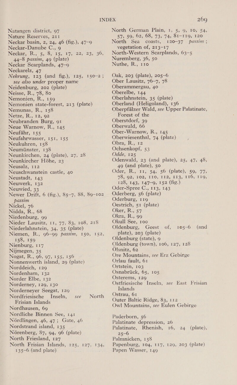 Natangen district, 97 Nature Reserves, 211 Neckar basin, 2, 24, 46 (fig.), 47-9 Neckar-Danube C., 9 Neckar Ri; 5,98) a5) 275° 225 - 23536, 44-8 passim, 49 (plate) Neckar Scarplands, 47-9 Neckarelz, 47 Nehrung, 123 (and fig.), 125, 150-2; see also under proper name Neidenburg, 202 (plate) Neisse, R., 78, 80 Nemonien, R., 159 Nemonien state-forest, 213 (plate) Nemunas, R., 158 Netze, R:, 12, 92 Neubranden Burg, 91 Neue Warnow, R., 145 Neufahr, 155 Neufahrwasser, 151, 155 Neukuhren, 158 Neumiinster, 138 Neunkirchen, 24 (plate), 27, 28 Neunkircher Hohe, 23 Neusalz, 112 Neuschwanstein castle, 40 Neustadt, 143 Neuwerk, 132 Neuwied, 33 Newer Drift, 6 (fig.), 85-7, 88, 89-102 passim Nickel, 76 Nidda, R., 68 Niedenburg, 99 Nieder Lausitz, 11, 77, 83, 108, 218 Niederlahnstein, 34, 35 (plate) Niemen, R., 96-99 passim, 150, 152, 158, 159 Nienburg, 117 Nijmegen, 35 Nogat, R., 96, 97, 155, 156 Nonnenwerth island, 29 (plate) Norddeich, 129 Nordenham, 132 Norder Elbe, 132 Norderney, 129, 130 Norderneyer Seegat, 129 Nordfriesische Inseln, see Frisian Islands Nordhausen, 69 Nordliche Binnen See, 141 Nordlingen, 46, 47; Gate, 46 Nordstrand island, 135 Norenberg, 87, 94, 96 (plate) North Friesland, 127 North Frisian Islands, 125, 127, 135~6 (and plate) North 134) 269g North German Plain, 1, 5, 9, 10; 54, 57, 59, 62, 68, 73, 745 81-119, 120 North Sea coasts, 120-37 passin: ; vegetation of, 213-17 North-Western Scarplands, 63-5 Nuremberg, 36, 50 Nuthe, R., 110 Oak, 203 (plate), 205-6 Ober Lausitz, 76~7, 78 Oberammergau, 40 Oberelbe, 144 Oberlahnstein, 35 (plate) Oberland (Heligoland), 136 Oberpfalzer Wald, see Upper Palatinate, Forest of the Oberstdorf, 39 Oberwald, 66 Ober-Warnow, R., 145 Oberwiesenthal, 74 (plate) Obra, R., 12 Ochsenkopf, 53 Odde, 125 Odenwald, 23 (and plate), 25, 47, 48, 49 (and plate), 50 Oder, R., 11, 54, 56: (plate), 59, -77, 7S. O28 102; £10; 112, £19, 016s FEO; 128, 143, 147-9, 152 (fig.) Oder-Spree C., 113, 143 Oderberg, 56 (plate) Oderburg, 119 Oestrich, 51 (plate) Oker, R., 57 Okra, R., 99 Okull See, 100 Oldenburg, Geest of, plate), 203 (plate) Oldenburg (state), 9 Oldenburg (town), 106, 127, 128 Olsnitz, 62 Ore Mountains, see Erz Gebirge Orlau fault, 61 Ortstein, 103 Osnabriick, 65, 105 Osterems, 129 Ostfriesische Inseln, see East Frisian Islands Ostrau, 61 Outer Baltic Ridge, 83, 112 Owl Mountains, see Eulen Gebirge 105-6 (and Paderborn, 56 Palatinate depression, 26 Palatinate, Rhenish, 16, 24 (plate), 25-6 Palmnicken, 158 Papenburg, 104, 117, 129, 203 (plate) Papen Wasser, 149