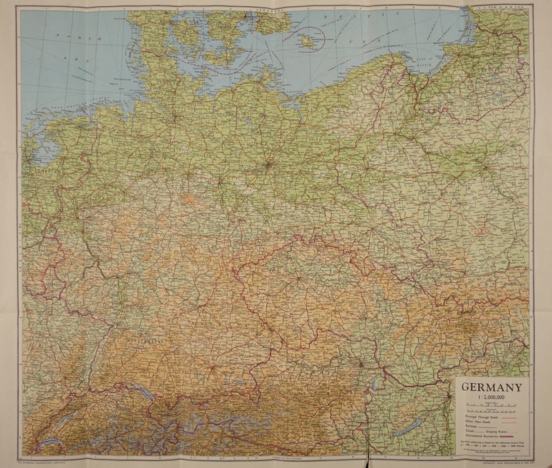 izes                                                  THE EDINBURGH GEOGRAPHICAL INSTITUTE              Ne las ViGomor Stream GERMANY | : 2,000,000 lo ° English Miles ee ed 20 30 40 50 60  Kilometres BT 3o 2b  Principal Through Roads Other Main Roads Railways Canals_____ Shipping Routes International Boundaries —=w=aams. The layer colouring is based on the following contour lines 0 — 100 — 300 — 500 — 1000 — 2000 — 3000 Metres The area below sea level in the Netherlands, is shown in darker green. The altitude figures on the map are in feet. 20 2 ie ee COPYRIGHT-JOHN BARTHOLOMEW & SON, LTD.