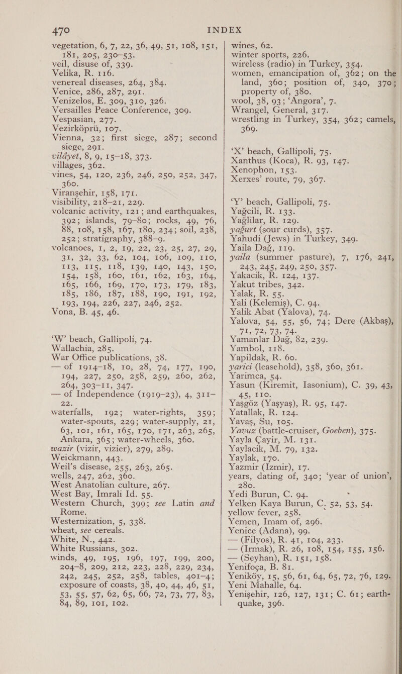 vegetation, 6, 7, 22, 36, 49, 51, 108, 151, 181, 205, 230-53. veil, disuse of, 339. Velika, R. 116. venereal diseases, 264, 384. Venice, 286, 287, 291. Venizelos, E. 309, 310, 326. Versailles Peace Conference, 309. Vespasian, 277. Vezirk6prii, 107. Vienna, 32; first siege, 287; second siege, 2QI. vildyet, 8, 9, 15-18, 373. villages, 362. vines, 54, 120, 236, 246, 250, 252, 347, 360. Viransehir, 158, 171. visibility, 218-21, 229. volcanic activity, 121; and earthquakes, 392; islands, 79-80; rocks, 49, 76, 88, 108, 158, 167, 180, 234; soil, 238, 252; stratigraphy, 388-9. Volcanoes, 1,2.) £9; 22.24, 25275. 20; Bi, 32; 33; 02, 204, FOb, 100, 110; THQ), 105, 118, °930,. 240, 243,050, bs4,. 150, 160, fOr, £62, 162,0704, #05, 200, 2160,,.470, 173; 279,793; P85, 186, :187,.169, £00, TOT,, 102, 193, 194, 226, 227, 246, 252. Vona, B. 45, 46. “W’ beach, Gallipoli, 74. Wallachia, 285. War Office publications, 38. = OF 1914-18, ro, 28, 74, 177, 190, 194, 227, 250, 258, 259, 260, 262, 204,.393-F1,.347. — of Independence (1919-23), 4, 311- 22. waterfalls, 3192; water-rights, 359; water-spouts, 229; water-supply, 21, 63; TOL, 162, 165, 170, 171, 263, 205, Ankara, 365; water-wheels, 360. wazir (vizir, vizier), 279, 289. Weickmann, 443. Weil’s disease, 255, 263, 265. wells, 247, 262, 360. West Anatolian culture, 267. West Bay, Imrali Id. 55. Western Church, 399; see Latin and Rome. Westernization, 5, 338. wheat, see cereals. White, N., 442. White Russians, 302. winds, 49, 195, 196, 197, 199, 200, 204-8, 209, 212, 223, 228, 220, 234, 242, 245, 252, 258, tables, 401-4; exposure of coasts, 38, 40, 44, 46, 51, 53, 55, 57, 62, 65, 66, 72, 73, 77, 83, 84, 89, 101, 102. wines, 62. winter sports, 226. wireless (radio) in Turkey, 354. ) women, emancipation of, 362; on the land, 360; position of, 340, 370% property of, 380. wool, 38, 93; ‘Angora’, 7. Wrangel, General, 317. wrestling in Turkey, 354, 362; camels, 369. ‘x’ beach, Gallipoli, 75. Xanthus (Koca), R. 93, 147. Xenophon, 153. Xerxes’ route, 79, 367. *Y’ beach, Gallipoli, 75. Yagoi R. 133. Yaglilar, R. 129. yagurt (sour curds), 357. Yahudi (Jews) in Turkey, 349. Yaila Dag, 1109. yaila (summer pasture), 7, 176, 241, 243, 245, 249, 250, 357. Yakacik, R. 124, 137. Yakut tribes, 342. Yalak, R. 55. Yali (Kelemis), C. 94. Yalik Abat (Yalova), 74. Yalova, 54, 55, 56, 74; Dere (Akbas), 71, 72, 73, 74- Yamanlar Dag, 82, 239. Yambol, 118. Yapildak, R. 60. yarict (leasehold), 358, 360, 361. Yarimca, 54. Yasun (Kiremit, Iasonium), C. 39, 43, AS, CEO: Yasgéz (Yasyas), R. 95, 147. Yatallak, R. 124. Yavas, Su, 105. Yavuz (battle-cruiser, Goeben), 375. Yayla Cayir, M. 131. Yaylacik, M. 79, 132. Yaylak, 170. Yazmur (Izmir), £7: years, dating of, 340; ‘year of union’, | 280. | Yedi Burun, C. 94. : Yelken Kaya Burun, C. 52, 53, 54. yellow fever, 258. : Yemen, Imam of, 296. Yenice (Adana), 99. — (Filyos), R. 41, 104, 233. — (Irmak), R. 26, 108, 154, 155, 156. — (Seyhan), R. 151, 158. Yenifoca, B. 81. Yenikéy, 15, 56, 61, 64, 65, 72, 76, 1268 Yeni Mahalle, 64. Yenisehir, 126, 127, 131; C. 61; earth- quake, 396.