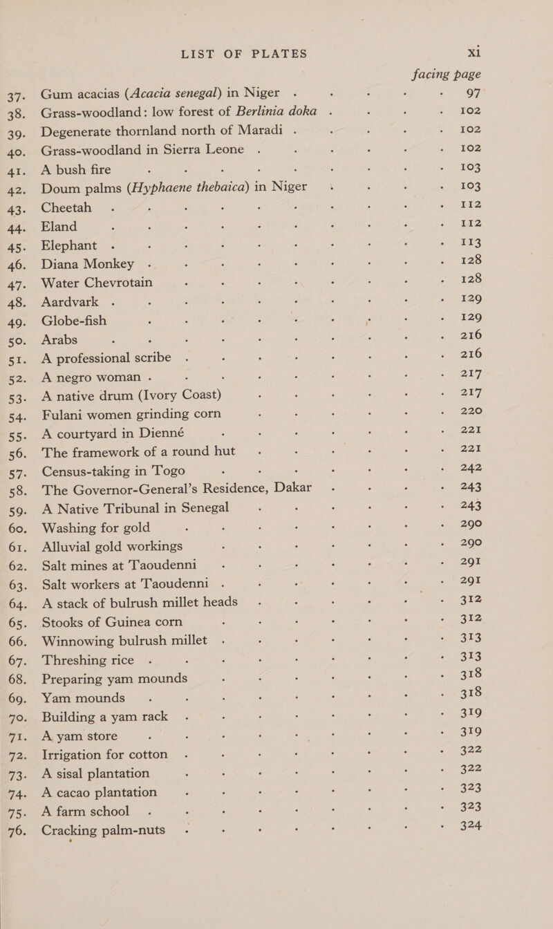 Gum acacias (Acacia senegal) in Niger Grass-woodland: low forest of Berlinia doka Degenerate thornland north of Maradi . Grass-woodland in Sierra Leone A bush fire Doum palms eee Tees in Ree Cheetah ; : Eland Elephant Diana Monkey Water Chevrotain Aardvark Globe-fish Arabs A professional scribe A negro woman . : A native drum (Ivory Coast) Fulani women grinding corn A courtyard in Dienné The framework of a round hut Census-taking in ‘Togo s The Governor-General’s Residence, Dakar A Native Tribunal in Senegal Washing for gold Alluvial gold workings Salt mines at Taoudenni Salt workers at Taoudenni A stack of bulrush millet heads Stooks of Guinea corn Winnowing bulrush millet Threshing rice Preparing yam mounds Yam mounds Building a yam rack A yam store Irrigation for cotton A sisal plantation A cacao plantation A farm school Cracking palm-nuts XI 97 102 102 102 103 103 2 112 113 128 128 129 129 216 216 217 217 220 221 221 242 243 243 290 290 291 291 312 212 313 313 318 318 319 319 322 222 323 323 324