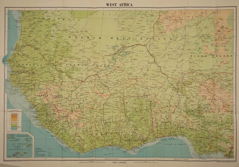  WEST AFRICA                             inital ae *, Tamat Eddert =  (et poate AAR Lekouatce. 2 y T Boutouibé uehc ‘ = ay r ; G \ Y i = oc Oe Akh, or . x a rae ft we WViout y L. il v Ouassouas 4 = 9 t         Te NO u nee Adehanboukura L | Cog                                  EXPLANATION OF OROGRAPHICAL COLOURING |. + | Metres = 4000  3000 ay 2000    1000    500  200  Sea Level Below Sea Level           Longitude West 4 of Greenwich Longitude East 4 of Greenwich                   English Miles Kilometres co! Scale, 1 : 4,000,000 SS Sn ee PYRIGHT— JOHN BARTHOLOMEW &amp; SON, LTD. o 10 20 40 60 80 100 120 140 160 180 200 50 100 150 200       THE EDINBURGH GEOGRAPHICAL INSTITUTE 