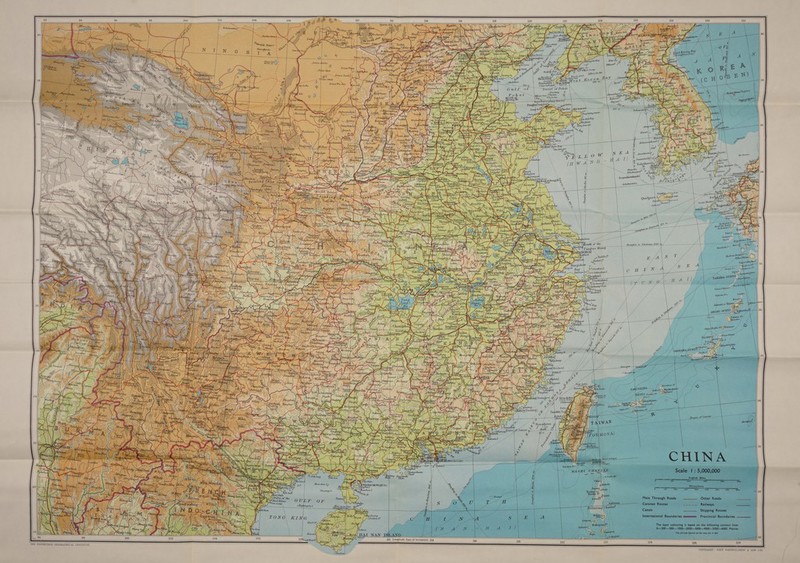                                                  Shanghai. to\Che-Foo 510m.                                                       Scale | : 5,000,000 50 100 150 Kilométres ° 30 100 200      250 300 350 Other Roads Railways Shipping Routes Main Through Roads Caravan Routes $_____ Canals International Boundaries se==— Provincial Boundaries —___——    The layer colouring is based on the following contour lines 0—200—500—1 Metres The altitude figures on the map are in feet =i 126      128         COPYRIGHT- JOHN BARTHOLOMEW &amp; SON. LTD.   2 Longitude Fast of Greenwich 114               THE EDINBURGH GEOGRAPHICAL INSTITUTE