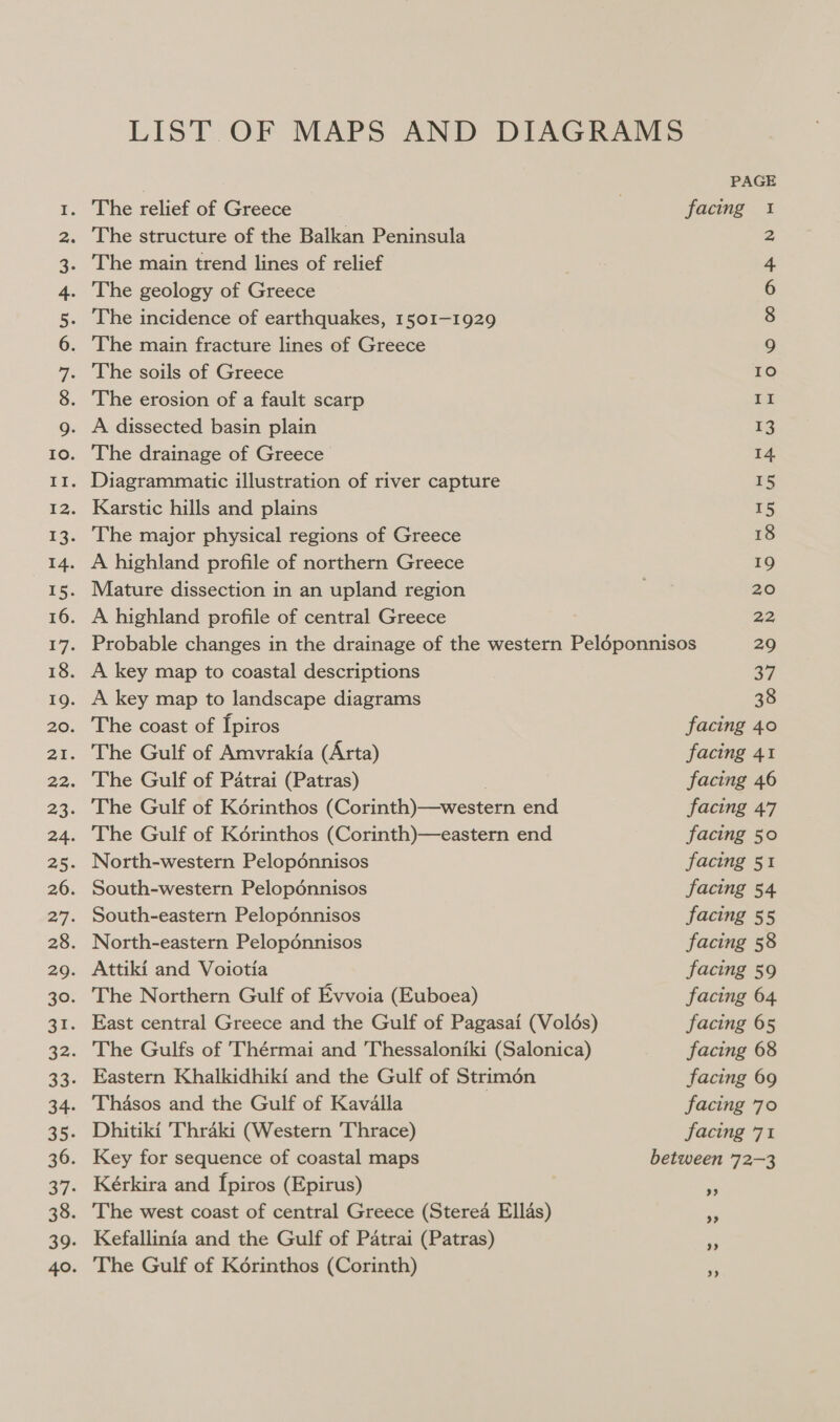 = ba O S Sy ee ene The relief of Greece The structure of the Balkan Peninsula The main trend lines of relief The geology of Greece The incidence of earthquakes, 1501-1929 The main fracture lines of Greece The soils of Greece The erosion of a fault scarp A dissected basin plain The drainage of Greece Karstic hills and plains A highland profile of northern Greece The Gulf of Kérinthos (Corinth)—eastern end South-western Pelopénnisos South-eastern Pelopdénnisos North-eastern Pelopénnisos Attiki and Voiotia Thasos and the Gulf of Kavalla Key for sequence of coastal maps 37 38 facing 40 facing 41 facing 46 facing 47 facing 50 facing 51 facing 54 facing 55 facing 58 facing 59 facing 64 facing 65 facing 68 facing 69 facing 70 facing 71