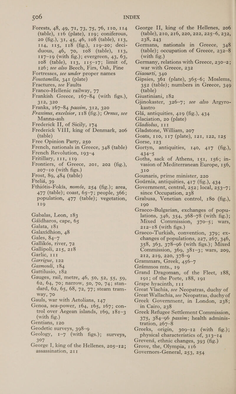 Forests, 48, 49, 71, 73, 75; 76, IIo, 114 (table), 116 (plate), 119; coniferous, 20 (fig.), 31, 45, 46, 108 (table), 113, 114, 115, 118 (fig.), 119-20; deci- duous, 46, 70, 108 (table), 113, 117-19 (with fig.); evergreen, 43, 63, 108 (table), 113, 115-17; limit of, 126; see also Beech, Firs, Oak, Pine Fortresses, see under proper names Foustanella, 341 (plate) Fractures, see Faults Franco-Hellenic railway, 77 Frankish Greece, 167-84 (with figs.), 312; 320 Franks, 167-84 passim, 312, 320 Fraxinus, excelsior, 118 (fig.); Ornus, see Manna-ash Frederick II, of Sicily, 174 Frederick VIII, king of Denmark, 206 (table) Free Opinion Party, 250 French, nationals in Greece, 348 (table) French Revolution, 193-4 Fritillary, 111, 119 Frontiers, of Greece, 201, 202 (fig.), 207-10 (with figs.) Frost, 89, 484 (table) Ftelia, 39 Fthidtis-Fokis, nomds, 254 (fig.); area, 477 (table); coast, 65-7; people, 366; population, 477 (table); vegetation, 119 Gabalas, Leon, 183 Gaidharos, cape, 65 Galata, 181 Galaxidhion, 48 Gales, 84-7 Gallikds, river, 72 Gallipoli, 215, 218 Garlic, 111 Garrigue, 122 Gasmouli, 184 Gattilusio, 182 Gauges, rail, metre, 46, 50, 52, 55, 50, 62, 64, 70; narrow, 50, 70, 74; stan- dard, 62, 65, 68, 72, 77; steam tram- way, 70 Gauls, war with Aetolians, 147 Genoa, sea-power, 164, 165, 167; con- trol over Aegean islands, 169, 181-3 (with fig.) Gentians, 120 Geodetic surveys, 398-9 Geology, 1-7 (with figs.); 307 George I, king of the Hellenes, 205-12; assassination, 211 surveys, George II, king of the Hellenes, 206 (table), 210, 216, 220, 222, 225-6, 232, 238, 243 Germans, nationals in Greece, 348 (table); occupation of Greece, 232-8 (with fig.) Germany, relations with Greece, 230-2; war with Greece, 232 Giaourti, 340 Gipsies, 361 (plate), 365-6; Moslems, 352 (table); numbers in Greece, 349 (table) Giustiniani, 182 Gjinokaster, 326-7; see also Argyro- kastro Gla, antiquities, 419 (fig.), 434 Glaciation, 20 (plate) Gladiolus, 111 Gladstone, William, 207 Goats, 110, 117 (plate), 121, 122, 125 Gorse, 123 Gortyn, antiquities, 140, 417 (fig.), 434- Goths, sack of Athens, 151, 156; in- vasion of Mediterranean Europe, 156, 310 Gounaris, prime minister, 220 Gotrnia, antiquities, 417 (fig.), 434 Government, central, 252; local, 253-7; since Occupation, 238 Grabusa, Venetian control, 180 (fig.), 190 Graeco-Bulgarian, exchanges of popu- lations, 346, 354, 368-78 (with fig.); Mixed Commission, 370-5; wars, 212-18 (with figs.) Graeco-Turkish, convention, 379; ex- changes of populations, 227, 267, 346, 358, 363, 378-96 (with figs.); Mixed Commission, 369, 381-3; wars, 209, 212, 219, 220, 378-9 Grammars, Greek, 456-7 Grammos mts., 19 Grand Dragoman, of the Fleet, 188, 191; of the Porte, 188, 191 Grape hyacinth, 111 Great Vlachia, see Neopatras, duchy of Great Wallachia, see Neopatras, duchy of Greek Government, in London, 238; in Cairo, 238 Greek Refugee Settlement Commission, 375, 384-96 passim; health adminis- tration, 267-8 Greeks, origin, 309-12 (with fig.); physical characteristics of, 313-14 Grevend, ethnic changes, 393 (fig.) Grove, the, Olympia, 116 Governors-General, 253, 254