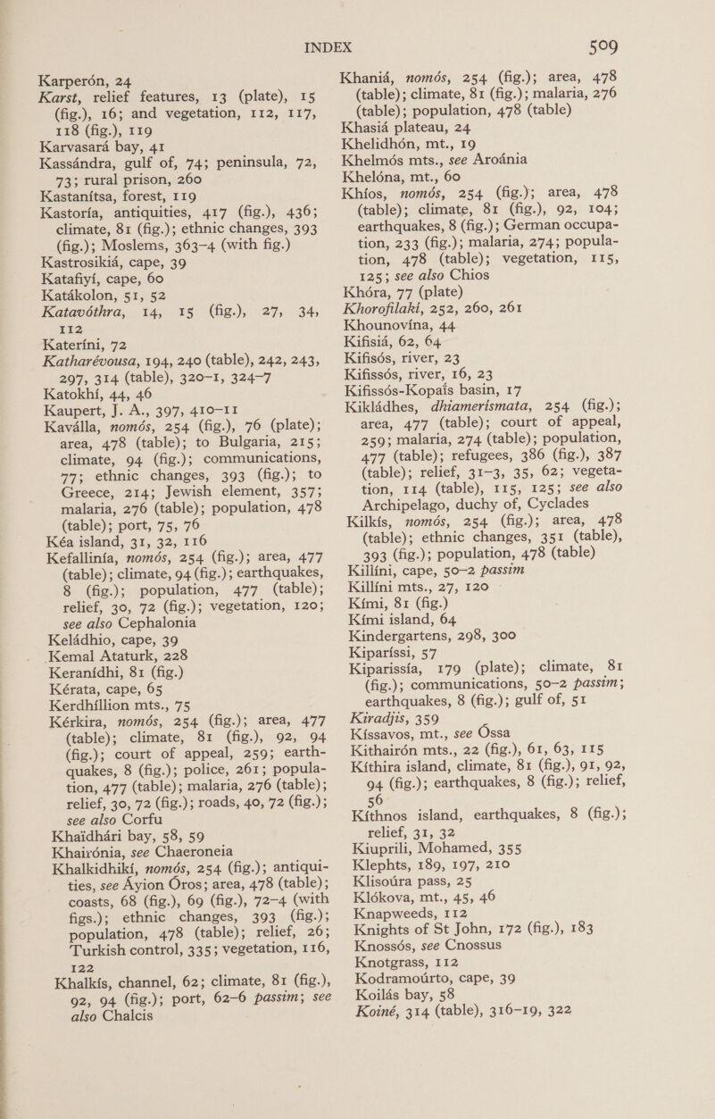 Karperon, 24 Karst, relief features, 13 (plate), 15 (fig.), 16; and vegetation, 112, 117, 118 (fig.), 119 Karvasara bay, 41 Kassandra, gulf of, 74; peninsula, 72, 73; rural prison, 260 Kastanitsa, forest, 119 Kastoria, antiquities, 417 (fig.), 436; climate, 81 (fig.); ethnic changes, 393 Kastrosikia, cape, 39 Katafiyi, cape, 60 Katakolon, 51, 52 Katavéthra, 14, 112 Katerini, 72 Katharévousa, 194, 240 (table), 242, 243, 297, 314 (table), 320-1, 324-7 Katokhi, 44, 46 Kaupert, J. A., 397, 410-11 Kavalla, només, 254 (fig.), 76 (plate); area, 478 (table); to Bulgaria, 215; climate, 94 (fig.); communications, 77; ethnic changes, 393 (fig.); to Greece, 214; Jewish element, 357; malaria, 276 (table); population, 478 (table); port, 75, 76 Kéa island, 31, 32, 116 Kefallinia, nomds, 254 (fig.); area, 477 (table); climate, 94 (fig.); earthquakes, 8 (fig.); population, 477 (table); relief, 30, 72 (fig.); vegetation, 120; see also Cephalonia Kelddhio, cape, 39 Kemal Ataturk, 228 Keranidhi, 81 (fig.) Kérata, cape, 65 Kerdhillion mts., 75 Kérkira, nomdés, 254 (fig.); area, 477 (table); climate, 81 (fig.), 92, 94 (fig.); court of appeal, 259; earth- quakes, 8 (fig.); police, 261; popula- tion, 477 (table); malaria, 276 (table); relief, 30, 72 (fig.); roads, 40, 72 (fig.); see also Corfu Khaidhdri bay, 58, 59 Khairdnia, see Chaeroneia Khalkidhiki, nomdés, 254 (fig-); antiqui- ties, see Ayion Oros; area, 478 (table) ; coasts, 68 (fig.), 69 (fig.), 72-4 (with figs.); ethnic changes, 393 (fig.); population, 478 (table); relief, 26; Turkish control, 335; vegetation, 116, 122 Khalkfs, channel, 62; climate, 81 (fig.), 92, 94 (fig.); port, 62-6 passim; see also Chalcis pee (hig.), 5295 334) 509 Khanid, només, 254 (fig.); area, 478 (table); climate, 81 (fig.); malaria, 276 (table); population, 478 (table) Khasia plateau, 24 Khelidhon, mt., 19 Khelmés mts., see Arodnia Khelodna, mt., 60 Khios, només, 254 (fig.); area, 478 (table); climate, 81 (fig.), 92, 104; earthquakes, 8 (fig.); German occupa- tion, 478 (table); vegetation, 115, 125; see also Chios Khora, 77 (plate) Khorofilaki, 252, 260, 261 Khounovina, 44 Kifisia, 62, 64 Kifisés, river, 23 Kifiss6s, river, 16, 23 Kifissés-Kopais basin, 17 Kiklidhes, dhiamerismata, 254 (fig.); area, 477 (table); court of appeal, 259; malaria, 274 (table); population, 477 (table); refugees, 386 (fig.), 387 (table); relief, 31-3, 35, 62; vegeta- tion, 114 (table), 115, 125; see also Archipelago, duchy of, Cyclades Kilkfs, només, 254 (fig.); area, 478 (table); ethnic changes, 351 (table), 393 (fig.); population, 478 (table) Killini, cape, 50-2 passim Killini mts., 27, 120 © Kimi, 81 (fig.) Kimi island, 64 Kindergartens, 298, 300 Kiparissi, 57 Kiparissia, 179 (plate); climate, 81 (fig.); communications, 50-2 passim; earthquakes, 8 (fig.); gulf of, 51 Kiradjis, 359 Kissavos, mt., see Ossa Kithairén mts., 22 (fig.), 61, 63, 115 Kithira island, climate, 81 (fig.), 91, 92, 94 (fig.); earthquakes, 8 (fig.); relief, 56 Kithnos island, earthquakes, 8 (fig.); relief, 31, 32 Kiuprili, Mohamed, 355 Klephts, 189, 197, 210 Klisoura pass, 25 Kldékova, mt., 45, 46 Knapweeds, 112 Knights of St John, 172 (fig.), 183 Knossés, see Cnossus Knotgrass, 112 Kodramourto, cape, 39 Koilds bay, 58 Koiné, 314 (table), 316-19, 322