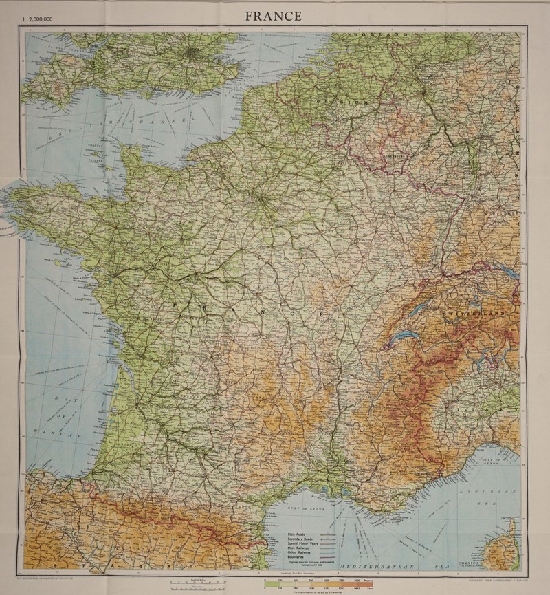  SS EEE   FRANCE _       2 3        |  uch to Flushing 20 m. potkestone #   opm, Blanknbip gh ee, wshind Dern Mex Ostend Mates io  bower to Datel Lm.                                Main Roads Secondary Roads &gt; ‘ Special Motor Ways : i fe 2 ge rere ‘ a | |    Main Railways Other Railways  Boundaries mre?  Figures indicate distances In Kilometres between solid dots                          THE EDINBURGH GEOGRAPHICAL INSTITUTE nglish Miles 1000 COPYRIGHT JOHN BARTHOLOMEW &amp; SON, 1.7D. 10 ° 40 20 30 40 50 60 ee Ee ee ee a | Kilometres — = —— el = 1p 91020 30 4p 049 709090190 0 328 984 1640 3281 6562   The Heights engraved on the Map are in English Feet