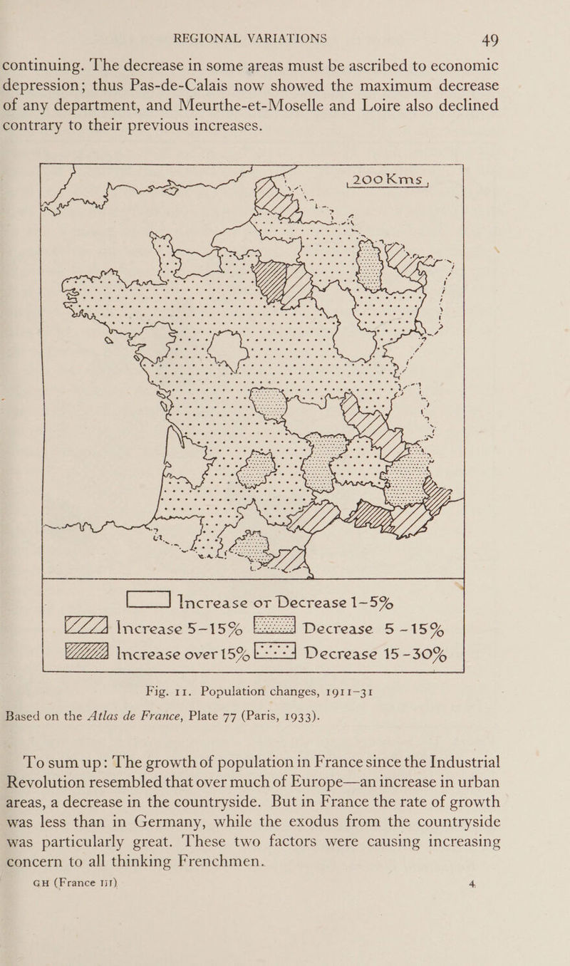 continuing. ‘he decrease in some areas must be ascribed to economic depression; thus Pas-de-Calais now showed the maximum decrease of any department, and Meurthe-et-Moselle and Loire also declined contrary to their previous increases. 200Kms (Lcae et        LJ Increase or Decrease 1-5% LA \ncrease 5- 15% eg Decrease 5 -15% Ua Increase over 159 Yo Decrease 15-30% Fig. 11. Population changes, 1911-31 Based on the Atlas de France, Plate 77 (Paris, 1933). To sum up: The growth of population in France since the Industrial Revolution resembled that over much of Europe—an increase in urban areas, a decrease in the countryside. But in France the rate of growth was less than in Germany, while the exodus from the countryside was particularly great. These two factors were causing increasing concern to all thinking Frenchmen. GH (France 111) 4,