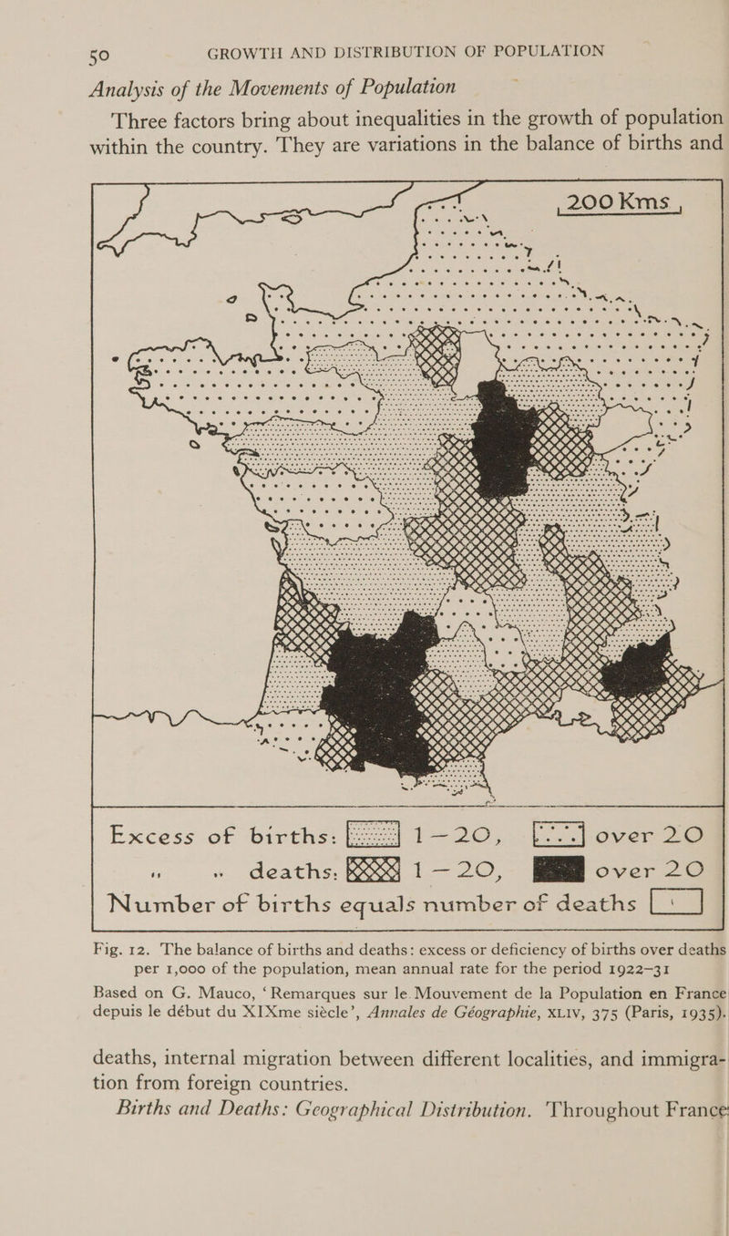 Analysis of the Movements of Population Three factors bring about inequalities in the growth of population within the country. They are variations in the balance of births and OO Kms             @ Je! 9 ! 2 ] &lt;&gt; ° ee % ¥ « om J! Oe 8 Se. 4 ¢ 6 6) 6 BS e* 19) 0 oS. ro) e e ° ° e ° se 2 e ° e e e e e Pe Te WEE: ¢ @ Or 6S 9 FR! Be Oe B'S OD CLIO SO! Ue es OL G, ee = ee © * 8 © ee ©) 01) ere cel 50-6). 6 les 20 nei ele oe NS ae ee ee © ¢ © @ ¢ ©@ @ 8 @-8 8 @ © @ @ 2 ~ OOF Weare eicienary a ia ae ee ae, ee Se Yb @ eee @ © @ oY ee Co atiel 2 “Sé SNe! Cero. (6. 0 ern eae nne, f See ee ew ew pw wh ewe oO ew KL: oe @€ € @ ee @8 oo @ 1 _e C © &amp; © @--© -@ © 0 4B O' O Nee ese @oeneeieege#ee#es#s#s%e® @®@ee8 9g oe @ @ 18) (6. be), © ‘e (6 10&gt; Oe ee lose esses eastreeere eeecseees eee ee oe © © @ 8-6: SO) e— 6). Oe Oy OS 1 8. Onis e ® A We. 3 s e e . gS Sr giv tlhe eres sien ose OS Sane ecere ae oe . OK - Reretererend eer OOOO : BR XSSS5SOOOCD PM etetete teres ERK weresece eyetee OS      Excess of births: T= 20; over 20 “ » deaths: RY 1 ae Poe] over 20 Number of births equals number of deaths aw          Fig. 12. The balance of births and deaths: excess or deficiency of births over deaths per 1,000 of the population, mean annual rate for the period 1922-31 Based on G. Mauco, ‘Remarques sur le Mouvement de la Population en France depuis le début du XI Xme siécle’, Annales de Géographie, xL1v, 375 (Paris, 1935). deaths, internal migration between different localities, and immigra- tion from foreign countries. Births and Deaths: Geographical Distribution. Throughout France: