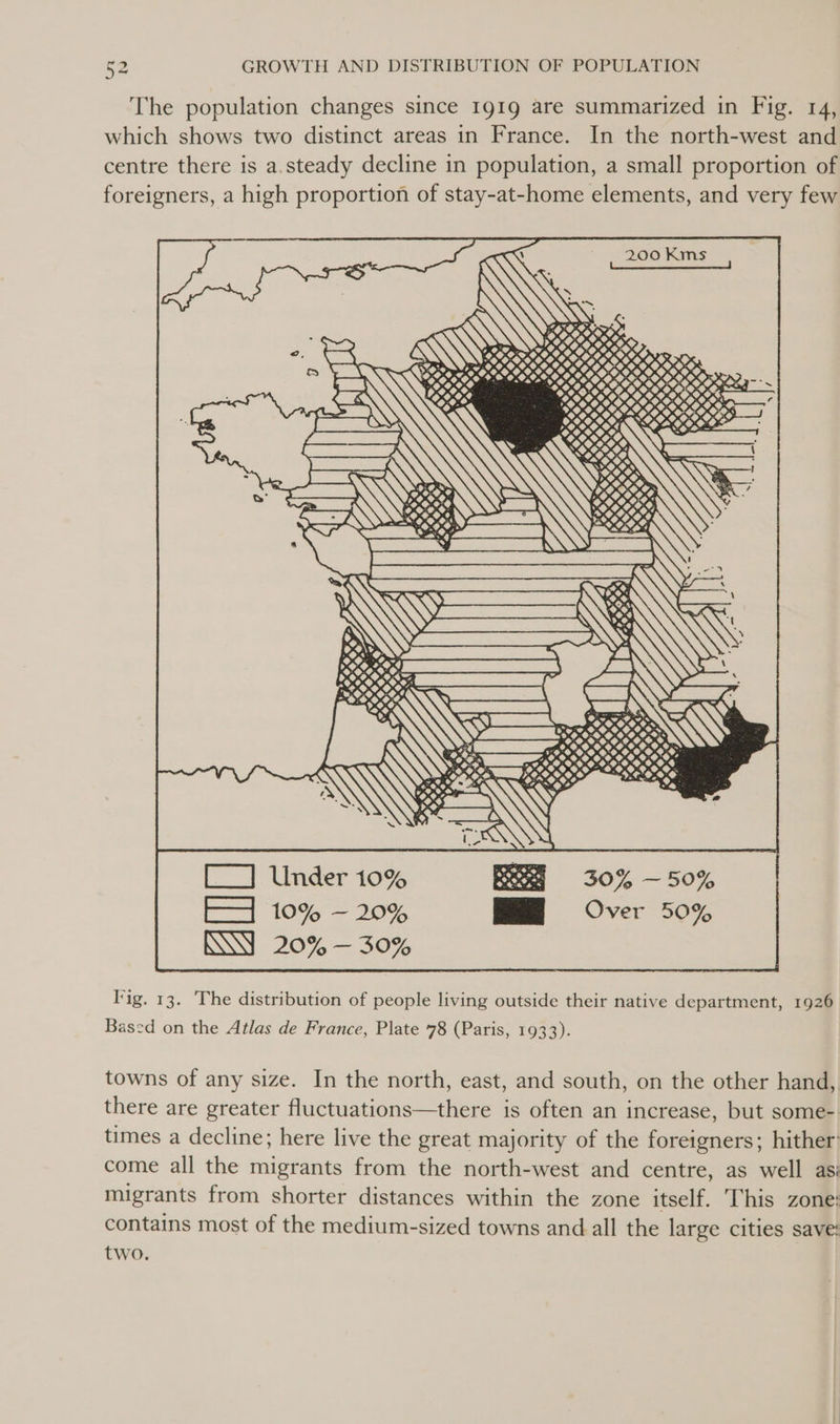 The population changes since 1919 are summarized in Fig. 14, which shows two distinct areas in France. In the north-west and centre there is a.steady decline in population, a small proportion of foreigners, a high proportion of stay-at-home elements, and very few IN * ¥ ote. % 550905 —— [_] Under 10% BES 30% —50% EA 10% — 20% MM Over 50% MOY 20% — 30%  ‘ig. 13. The distribution of people living outside their native department, 1926 Based on the Atlas de France, Plate 78 (Paris, 1933). towns of any size. In the north, east, and south, on the other hand, there are greater fluctuations—there is often an increase, but some- times a decline; here live the great majority of the foreigners; hither come all the migrants from the north-west and centre, as well asi migrants from shorter distances within the zone itself. This zone: contains most of the medium-sized towns and all the large cities save: two.