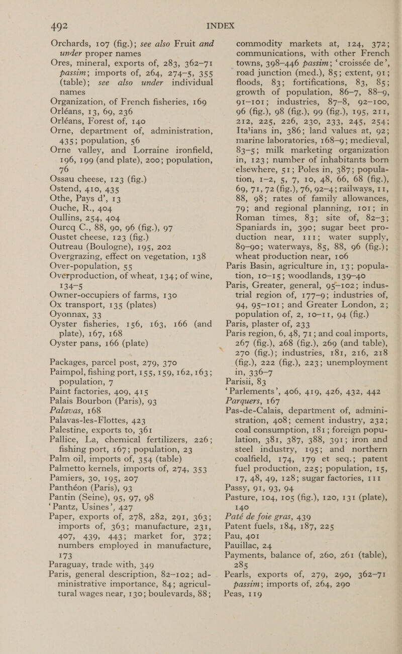 Orchards, 107 (fig.); see also Fruit and under proper names Ores, mineral, exports of, 283, 362-71 passim; imports of, 264, 2774-5, 355 (table); see. also under individual names Organization, of French fisheries, 169 Orléans, 13, 69, 236 Orléans, Forest of, 140 Orne, department of, administration, 435; population, 56 Orne valley, and Lorraine ironfield, 196, 199 (and plate), 200; population, 76 Ossau cheese, 123 (fig.) Ostend, 410, 435 Othe, Pays d’, 13 Ouche, R., 404 Oullins, 254, 404 Ourcq C., 88, 90, 96 (fig.), 97 Oustet cheese, 123 (fig.) Outreau (Boulogne), 195, 202 Overgrazing, effect on vegetation, 138 Over-population, 55 Overproduction, of wheat, 134; of wine, 134-5 Owner-occupiers of farms, 130 Ox transport, 135 (plates) Oyonnax, 33 Oyster fisheries, 156, 163, 166 (and plate), 167, 168 Oyster pans, 166 (plate) Packages, parcel post, 279, 370 Paimpol, fishing port, 155, 159, 162, 163; population, 7 Paint factories, 409, 415 Palais Bourbon (Paris), 93 Palavas, 168 Palavas-les-Flottes, 423 Palestine, exports to, 361 Pallice, La, chemical fertilizers, 226; fishing port, 167; population, 23 Palm oil, imports of, 354 (table) Palmetto kernels, imports of, 274, 353 Pamiers, 30, 195, 207 Panthéon (Paris), 93 Pantin (Seine), 95, 97, 98 ‘Pantz, Usines’, 427 Paper, exports of, 278, 282, 291, 363; imports of, 363; manufacture, 231, 407, 439, 443; market for, 372; numbers employed in manufacture, 173 Paraguay, trade with, 349 Paris, general description, 82-102; ad- ministrative importance, 84; agricul- tural wages near, 130; boulevards, 88; commodity markets at, 124, 372; communications, with other French towns, 398-446 passim; ‘croissée de’, road junction (med.), 85; extent, 91; floods, 83; fortifications, 83, 85; growth of population, 86-7, 88-9, QI-101; industries, 87-8, 92-100, 96 (fig.), 98 (fig.), 99 (fig.), 195, 211, 212, 225, 226, 230, 233, 245, 2543 Italians in, 386; land values at, 92; marine laboratories, 168-9; medieval, 83-5; milk marketing organization in, 123; number of inhabitants born ‘elsewhere, 51; Poles in, 387; popula- tion, I-2, 5, 7, 10, 48, 66, 68 (fig.), 69, 71, 72 (fig.), 76, 92-4; railways, 11, 88, 98; rates of family allowances, 79; and regional planning, Io1; in Roman times, 83; site of, 82-3; Spaniards in, 390; sugar beet pro- duction near, 111; water supply, 89-90; waterways, 85, 88, 96 (fig.); wheat production near, 106 Paris Basin, agriculture in, 13; popula- tion, 10-15; woodlands, 139-40 Paris, Greater, general, 95—102; indus- trial region of, 177-9; industries of, 94, 95-101; and Greater London, 2; population of, 2, 10-11, 94 (fig.) Paris, plaster of, 233 Paris region, 6, 48, 71; and coal imports, 267 (fig.), 268 (fig.), 269 (and table), 270 (fig.); industries, 181, 216, 218 (fig.), 222 (fig.), 223; unemployment in, 336-7 Parisii, 83 ‘“Parlements’, 406, 419, 426, 432, 442 Parquers, 167 Pas-de-Calais, department of, admini- stration, 408; cement industry, 232; coal consumption, 181; foreign popu- lation, 381, 387, 388, 391; iron and steel industry, 195; and northern coalfield, 174, 179 et seq.; patent fuel production, 225; population, 15, 17, 48, 49, 128; sugar factories, 111 Passy, 91, 93, 94 Pasture, 104, 105 (fig.), 120, 131 (plate), 140 Paté de foie gras, 439 Patent fuels, 184, 187, 225 Pau, 401 Pauillac, 24 Payments, balance of, 260, 261 (table), 285 Pearls, exports of, 279, 290, 362-71 passim; imports of, 264, 290 Peas, 119