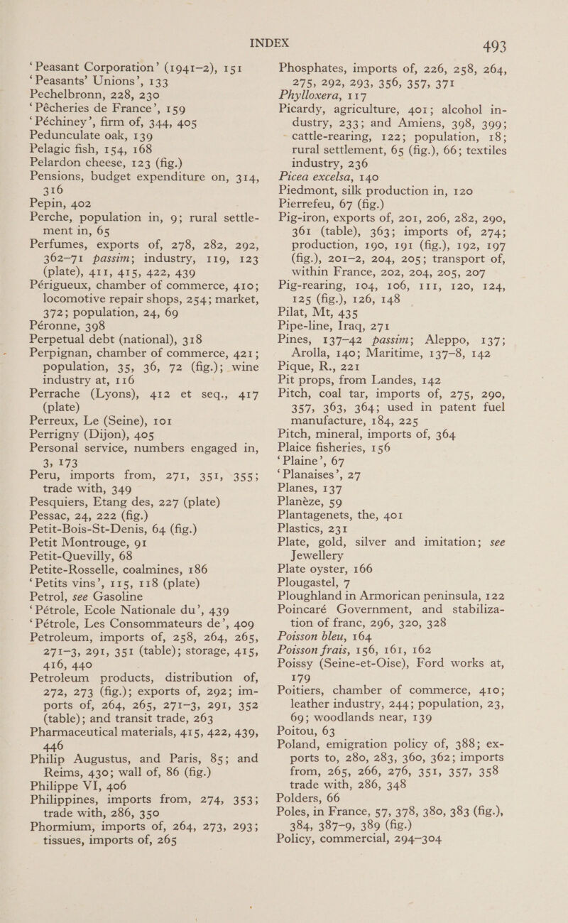 ‘Peasant Corporation’ (1941-2), 151 ‘Peasants’ Unions’, 133 Pechelbronn, 228, 230 “Pécheries de France’, 159 ‘Péchiney’, firm of, 344, 405 Pedunculate oak, 139 Pelagic fish, 154, 168 Pelardon cheese, 123 (fig.) Pensions, budget expenditure on, 314, 316 Pepin, 402 Perche, population in, 9; rural settle- ment in, 65 Perfumes, exports of, 278, 282, 292, 362-71 passim; industry, 119, 123 (plate), 411, 415, 422, 439 Périgueux, chamber of commerce, 410; locomotive repair shops, 254; market, 372; population, 24, 69 Péronne, 398 Perpetual debt (national), 318 Perpignan, chamber of commerce, 421; population, 35, 36, 72 (fig.); wine industry at, 116 Perrache (Lyons), 412 et seq., 417 (plate) Perreux, Le (Seine), ror Perrigny (Dijon), 405 Personal service, numbers engaged in, Gar Peru,. tmiports. from) 271, 351,355; trade with, 349 Pesquiers, Etang des, 227 (plate) Pessac, 24, 222 (fig.) Petit-Bois-St-Denis, 64 (fig.) Petit Montrouge, 91 Petit-Quevilly, 68 Petite-Rosselle, coalmines, 186 ‘Petits vins’, 115, 118 (plate) Petrol, see Gasoline ‘Pétrole, Ecole Nationale du’, 439 ‘Pétrole, Les Consommateurs de’, 409 Petroleum, imports of, 258, 264, 265, 271-3, 291, 351 (table); storage, 415, 416, 440 : Petroleum products, distribution of, 272, 273 (fig.); exports of, 292; im- ports of, 264; 265, 271-3; 291, 352 (table); and transit trade, 263 Pharmaceutical materials, 415, 422, 439, 446 Philip Augustus, and Paris, 85; and Reims, 430; wall of, 86 (fig.) Philippe VI, 406 Philippines, imports from, 274, 3533 trade with, 286, 350 Phormium, imports of, 264, 273, 293; tissues, imports of, 265 493 Phosphates, imports of, 226, 258, 264, 275, 292, 293, 356, 357, 371 Phylloxera, 117 Picardy, agriculture, 401; alcohol in- dustry, 233; and Amiens, 398, 399; - cattle-rearing, 122; population, 18; rural settlement, 65 (fig.), 66; textiles industry, 236 Picea excelsa, 140 Piedmont, silk production in, 120 Pierrefeu, 67 (fig.) Pig-iron, exports of, 201, 206, 282, 290, 301 -(table); -363;. ampocts: of, 274% production, 190, 191 (fig.), 192, 197 (fig.), 201-2, 204, 205; transport of, within France, 202, 204, 205, 207 Pig-rearing, 104, 106, III, 120, 124, 125 (fig.), 126, 148 Pilat, Mt, 435 Pipe-line, Iraq, 271 Pines, 137-42 passim; Aleppo, 137; Arolla, 140; Maritime, 137-8, 142 Pique; .R.; 221 Pit props, from Landes, 142 Pitch, coal tar, imports of, 275, 290, 357, 363, 364; used in patent fuel manufacture, 184, 225 Pitch, mineral, imports of, 364 Plaice fisheries, 156 ‘Plaine’, 67 *Planaises’, 277 Planes, 137 Planéze, 59 Plantagenets, the, 401 Plastics, 231 Plate, gold, silver and imitation; see Jewellery Plate oyster, 166 Plougastel, 7 Ploughland in Armorican peninsula, 122 Poincaré Government, and _ stabiliza- tion of franc, 296, 320, 328 Poisson bleu, 164 Poisson frais, 156, 161, 162 Poissy (Seine-et-Oise), Ford works at, 179 Poitiers, chamber of commerce, 410; leather industry, 244; population, 23, 69; woodlands near, 139 Poitou, 63 Poland, emigration policy of, 388; ex- ports to, 280, 283, 360, 362; imports from, 265, 266, 276, 351, 357, 358 trade with, 286, 348 Polders, 66 Poles, in France, 57, 378, 380, 383 (fig.), 384, 387-9, 389 (fig.) Policy, commercial, 294-304