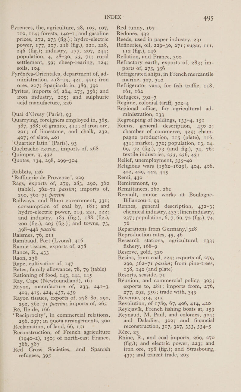 Pyrenees, the, agriculture, 28, 103, 107, I10, 114; forests, 140-1; and gasoline prices, 272, 273 (fig.); hydro-electric power, 477, 207, 215 (ig.), 221, 228, 246 (fig.); industry, 177, 207, 244; population, 4, 28-30, 53, 71; rural settlement, 59; sheep-rearing, 124; soils, 104 Pyrénées-Orientales, department of, ad- ministration, 418-19, 421, 441; iron ores, 207; Spaniards in, 389, 390 Pyrites, imports of, 264, 275, 356; and iron industry, 205; and sulphuric acid manufacture, 226 Quai d’Orsay (Paris), 93 Quarrying, foreigners employed in, 385, 387, 388; of granite, 411; of iron ore, 201; of limestone, and chalk, 232, 407; of slate, 401 ‘Quartier latin’ (Paris), 93 Quebracho extract, imports of, 368 Quimper, 9, 432 Quotas, 134, 298, 299-304 Rabbits, 126 ‘Raffinerie de Provence’, 229 Rags, exports of, 279, 283, 290, 360 (table), 362-71 passim; imports of, 290, 362-71 passim Railways, and Blum government, 331; consumption of coal by, 181; and hydro-electric power, 219, 221, 222; and industry, 183 (fig.), 188 (fig.), 200 (fig.), 203 (fig.); and towns, 73, 398-446 passim Raismes, 76, 211 Rambaud, Port (Lyons), 416 Ramie tissues, exports of, 278 Rance, R., 433 Raon, 238 Rape, cultivation of, 147 Rates, family allowance, 78, 79 (table) Rationing of food, 143, 144, 145 Ray, Cape (Newfoundland), 161 Rayon, manufacture of, 233, 241-3, 409, 415, 424, 437, 439 Rayon tissues, exports of, 278-80, 290, 292, 362-71 passim; imports of, 265 Ré, Ile de, 166 ‘Reciprocity’, in commercial relations, 296, 297; in quota arrangements, 300 Reclamation, of land, 66, 151 Reconstruction, of French agriculture (1940-2), 150; of north-east France, 386, 387 Red Cross Societies, refugees, 395 and Spanish a5 Red tunny, 167 Redones, 432 Reeds, used in paper industry, 231 Refineries, oil, 229-30, 271; sugar, IIT, 112 (fig.), 146 Reflation, and France, 300 Refractory earth, exports of, 283; im- ports of, 275, 356 Refrigerated ships, in French mercantile marine, 307, 310 Refrigerator vans, for fish traffic, 118, 161, 162 Refugees, 392-7 Regime, colonial tariff, 302-4 Regional office, for agricultural ad- ministration, 133 Regrouping of holdings, 133-4, 151 Reims, general description, 430-2; chamber of commerce, 425; cham- pagne production, 115 (plate), 116, 431; market, 372; population, 13, 14, 69, 72 (hg.), 73 (and fig:);-74, 76; textile industries, 233, 236, 431 Relief, unemployment, 335-40 Religious wars (1562-1629), 404, 406, 422, 429, 442, 445 Remi, 430 Remiremont, 19 Remittances, 260, 261 Renault, motor works at Boulogne- Billancourt, 99 Rennes, general description, 432-3; chemical industry, 433; linenindustry, 237; population, 6, 7, 69, 72 (fig.), 74, 76 Reparations from Germany, 328 Reproduction rates, 45, 46 Research stations, agricultural, fishery, 168-9 Reserve, gold, 320 Resins, from coal, 224; exports of, 279, 290, 362-71 passim; from pine-trees, 138, 142 (and plate) Resorts, seaside, 71 Réunion, and commercial policy, 303; exports to, 281; imports from, 276, 277, 292, 359; trade with, 349 Revenue, 314, 315 Revolution, of 1789, 67, 406, 414, 420 Reykjavik, French fishing boats at, 159 Reynaud, M. Paul, and colonies, 304; and Daladier, 302; and financial reconstruction, 317,327, 333,.334-5 Réze, 23 Rhine, R., and coal imports, 269, 270 (fig.); and electric power, 223; and iron ore, 198 (fig.); and Strasbourg, 437; and transit trade, 263 133;