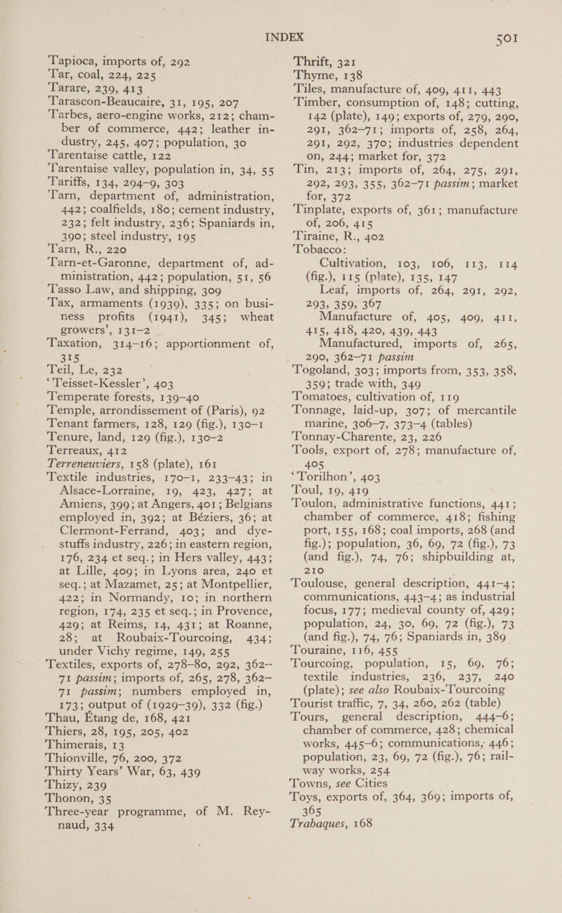 Tar, coal, 224, 225 Tarare, 239, 413 Tarascon-Beaucaire, 31, 195, 207 Tarbes, aero-engine works, 212; cham- ber of commerce, 442; leather in- dustry, 245, 407; population, 30 ‘Tarentaise cattle, 122 ‘Tarentaise valley, population in, 34, 55 Tariffs, 134, 294-9, 303 Tarn, department of, administration, 442; coalfields, 180; cement industry, 232; felt industry, 236; Spaniards in, 390; steel industry, 195 Tarn, R:, 220 ‘Tarn-et-Garonne, department of, ad- ministration, 442; population, 51, 56 ‘Tasso Law, and shipping, 309 Tax, armaments (1939), 335; on busi- ness profits (1941), 345; wheat growers’, 131-2 Taxation, 314-16; apportionment of, 315 Teil, be,.232 ‘ Teisset-Kessler’, 403 Temperate forests, 139-40 Temple, arrondissement of (Paris), 92 Tenant farmers, 128, 129 (fig.), 130-1 Tenure, land, 129 (fig.), 130-2 Terreaux, 412 Terreneuviers, 158 (plate), 161 Textile industries, 170-1, 233-43; in Alsace-Lorrame, 19, 423, 427; at Amiens, 399; at Angers, 401; Belgians employed in, 392; at Béziers, 36; at Clermont-Ferrand, 403; and dye- stuffs industry, 226; in eastern region, 176, 234 et seq.; in Hers valley, 443; at Lille, 409; in Lyons area, 240 et seq.; at Mazamet, 25; at Montpellier, 422; in Normandy, 10; in northern region, 174, 235 et seq.; in Provence, 429; at Reims, 14, 431; at Roanne, 28; at Roubaix-Tourcoing, 434; under Vichy regime, 149, 255 Textiles, exports of, 278-80, 292, 362-- 71 passim; imports of, 265, 278, 362— 71 passim; numbers employed in, 173; output of (1929-39), 332 (fig.) Thau, Etang de, 168, 421 Thiers, 28, 195, 205, 402 Thimerais, 13 Thionville, 76, 200, 372 Thirty Years’ War, 63, 439 Thizy, 239 Thonon, 35 Three-year programme, of M. Rey- naud, 334 501 Thyme, 138 | Tiles, manufacture of, 409, 411, 443 Timber, consumption of, 148; cutting, 142 (plate), 149; exports of, 279, 290, 201, 362-71; imports of, 258, 264; 291, 292, 370; industries dependent on, 244; market for, 372 Vin; 253: imports of, 264, 275; 201, 292, 293, 355, 302-71 passim; market Or, 372 Tinplate, exports of, 361; manufacture of, 206, 415 Tiraine, R., 402 Tobacco: Cultivation, 103, 106, (fig.), 115 (plate), 135, 147 Leaf, imports of, 264, 291, 292, 293, 359, 367 Manufacture of, 405, 409, 411, 415, 418, 420, 439, 443 Manufactured, imports of, 265, 290, 362-71 passim Togoland, 303; imports from, 353, 358, 359; trade with, 349 Tomatoes, cultivation of, 119 Tonnage, laid-up, 307; of mercantile marine, 306-7, 373-4 (tables) ‘Tonnay-Charente, 23, 226 Tools, export of, 278; manufacture of, E13, 114 405 *Torilhon’, 403 Toul, 19, 419 Toulon, administrative functions, 441; chamber of commerce, 418; fishing port, 155, 168; coal imports, 268 (and fig.); population, 36, 69, 72 (fig.), 73 (and fig.), 74, 76; shipbuilding at, 210 Toulouse, general description, 441-4; communications, 443-4; as industrial focus, 177; medieval county of, 429; population, 24, 30, 69, 72 (fig.), 73 (and fig.), 74, 76; Spaniards in, 389 Touraine, 116, 455 Tourcoing, population, 15, 69, 76; textile industries, 236, 237, 240 (plate); see also Roubaix-Tourcoing Tourist traffic, 7, 34, 260, 262 (table) Tours, general description, 444-6; chamber of commerce, 428; chemical works, 445-6; communications, 446; population, 23, 69, 72 (fig.), 76; rail- way works, 254 Towns, see Cities Toys, exports of, 364, 369; imports of, 365 Trabaques, 168