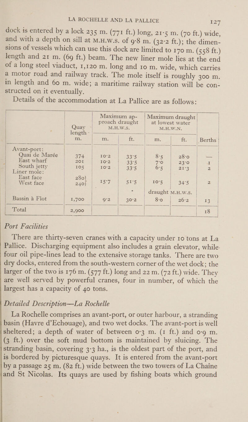 dock is entered by a lock 235 m. (771 ft.) long, 21-5 m. (7o ft.) wide, and with a depth on sill at M.H.w.s. of 9:8 m. (32°2 ft.); the dimen- sions of vessels which can use this dock are limited to 170 m. (558 ft.) length and 21 m. (69 ft.) beam. The new liner mole lies at the end of a long steel viaduct, 1,120 m. long and 10 m. wide, which carries a motor road and railway track. The mole itself is roughly 300 m. in length and 60 m. wide; a maritime railway station will be con- structed on it eventually. Details of the accommodation at La Pallice are as follows:             Maximum ap- | Maximum draught | | proach draught at lowest water | L. Quay &gt; M.H.W.S. M.H.W.N. | | : | length - | | m. m. it m. it: | Berths Avant-port: Quai de Marée 374 102 33° 8:5 28°0 — East wharf | 201 10:2 33°5 TO 23°0 I South jetty LOS... e¥o-2 ns 6°5 21°3 2. Liner mole: 4 8 eo. Peeps brs | Ties | ses |e | : draught M.H.W.s. | Bassin a Flot 1,700 9:2 30°2 8-0 26:2 i235 | | | | Total 2,900 18    Port Facilities There are thirty-seven cranes with a capacity under 10 tons at La Pallice. Discharging equipment also includes a grain elevator, while. four oil pipe-lines lead to the extensive storage tanks. There are two _ dry docks, entered from the south-western corner of the wet dock; the larger of the two is 176 m. (577 ft.) long and 22 m. (72 ft.) wide. They _are well served by powerful cranes, four in number, of which the largest has a capacity of 40 tons. Detailed Description—La Rochelle La Rochelle comprises an avant-port, or outer harbour, a stranding | basin (Havre d’Echouage), and two wet docks. The avant-port is well sheltered; a depth of water of between 0-3 m. (1 ft.) and o-9o m. (3 ft.) over the soft mud bottom is maintained by sluicing. The | stranding basin, covering 3-3 ha., is the oldest part of the port, and |is bordered by picturesque quays. It is entered from the avant-port by a passage 25 m. (82 ft.) wide between the two towers of La Chaine ' and St Nicolas. Its quays are used by fishing boats which ground 