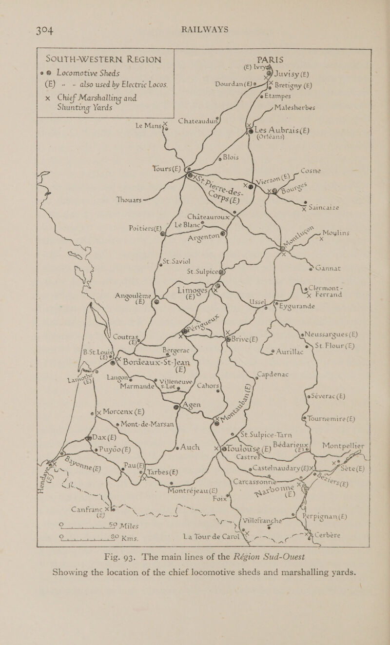          SOUTH-WESTERN REGION e @ Locometive Sheds (E) + « also used by Electric Locos. x Chief Marshalling and. Shunting Yards PARIS ©) ye @ Juvisy (E) be Bretigny (E) © Etampes Malesherbes Dourdan(E£)2@                 Chateaudut x Le Mans S riéans) Feles Aubrais(E) Tours (E) Cosne Thouars =     Chiteauroux 7% Le Blanc? a Clermont- x Ferrand ae Eygurande         eNeussargues (E) St. Flour (E) P “Bergerac (Sse 2 ee eX Gian des        eh) ae d foe, — Langon! ee poets Lar) ore VilleneuveJ — . Marmande\Xs-Lot Cahors a oe @ = 5 Kobe = eSéverac(E) Agen &lt;0 RS Yat e |x Morcenx (E) &lt; Wf @ Tournemire (E) # Mont-de-Marsan  eg St Sulpice-Tarn xy foulottse (E) Bédarieuxg| Montpellier     Castres &lt; Won Egat *n Bo ; ec a ens Carcassonne ML k Say : Montrejeau(£) RAY tM Fo1x Vea SL Canfranc Xb (a Gess (E) Fer ae err aes sf fo: 59 Miles rt. re) BO _ La Tour de Caroi ¥  Fig. 93. The main lines of the Région Sud-Ouest Showing the location of the chief locomotive sheds and marshalling yards.