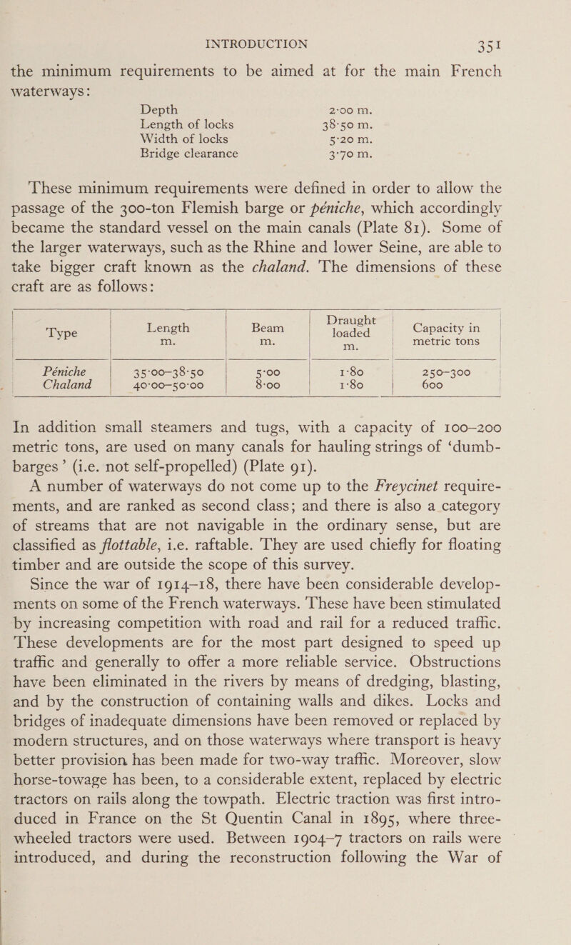 INTRODUCTION asa the minimum requirements to be aimed at for the main French waterways: Depth 2°00 m. Length of locks 38°50 m. Width of locks 5°20 m. Bridge clearance 2° 9O°ms These minimum requirements were defined in order to allow the passage of the 300-ton Flemish barge or péniche, which accordingly became the standard vessel on the main canals (Plate 81). Some of the larger waterways, such as the Rhine and lower Seine, are able to take bigger craft known as the chaland. 'The dimensions of these craft are as follows: 3       | eas | Draught | BAe Type Length Beam toate | Capacity in | m. m. si | metrictons | | | | | Péniche 35°00-38'50 5°00 1°80 250-300 | Chaland 40°00—-50°00 8-00 | 1°80 | 600 |  In addition small steamers and tugs, with a capacity of 100-200 metric tons, are used on many canals for hauling strings of ‘dumb- barges’ (i.e. not self-propelled) (Plate 91). A number of waterways do not come up to the Freycinet require- ments, and are ranked as second class; and there is also a category of streams that are not navigable in the ordinary sense, but are classified as flottable, i.e. raftable. ‘They are used chiefly for floating timber and are outside the scope of this survey. Since the war of 1914-18, there have been considerable develop- ments on some of the French waterways. ‘These have been stimulated by increasing competition with road and rail for a reduced traffic. These developments are for the most part designed to speed up traffic and generally to offer a more reliable service. Obstructions have been eliminated in the rivers by means of dredging, blasting, and by the construction of containing walls and dikes. Locks and bridges of inadequate dimensions have been removed or replaced by modern structures, and on those waterways where transport is heavy better provision has been made for two-way trafic. Moreover, slow horse-towage has been, to a considerable extent, replaced by electric tractors on rails along the towpath. Electric traction was first intro- duced in France on the St Quentin Canal in 1895, where three- wheeled tractors were used. Between 1904—7 tractors on rails were introduced, and during the reconstruction following the War of