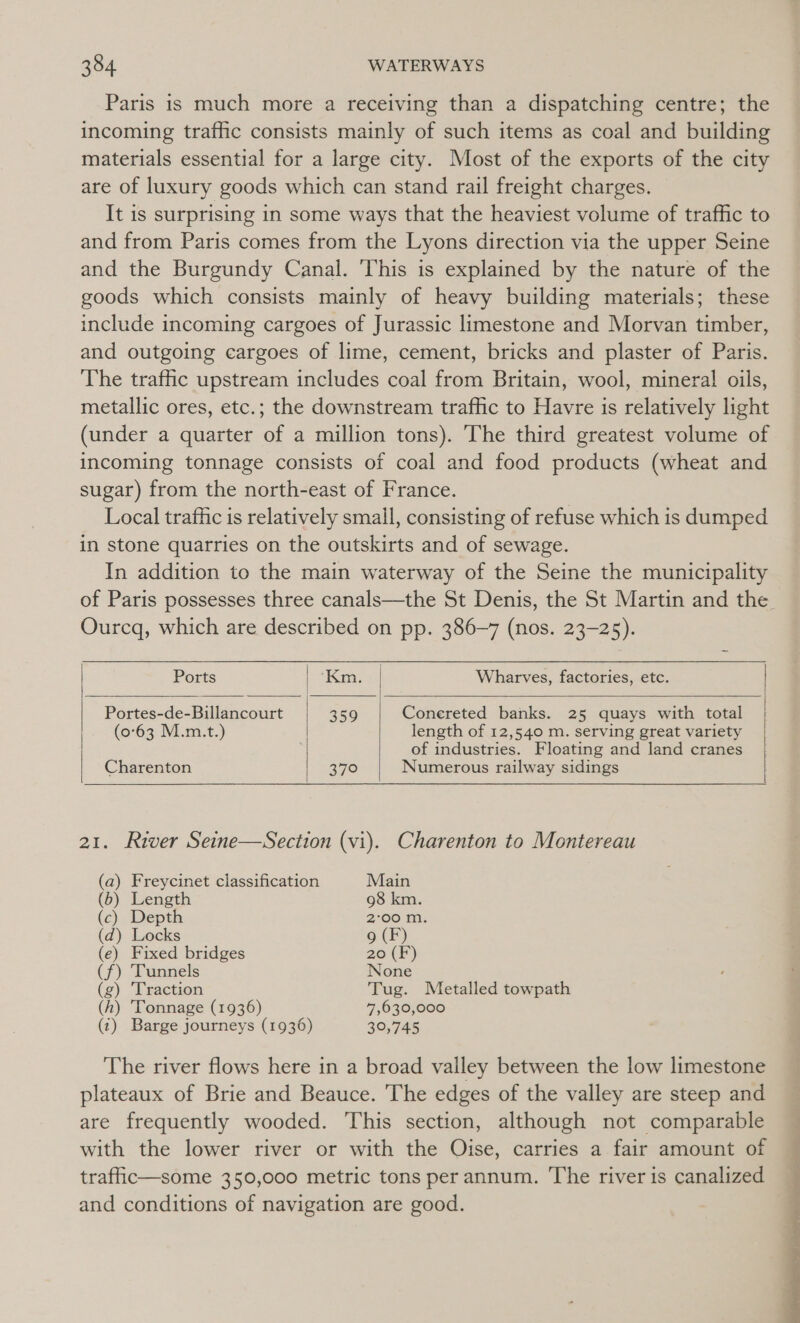 Paris is much more a receiving than a dispatching centre; the incoming traffic consists mainly of such items as coal and building materials essential for a large city. Most of the exports of the city are of luxury goods which can stand rail freight charges. It is surprising in some ways that the heaviest volume of traffic to and from Paris comes from the Lyons direction via the upper Seine and the Burgundy Canal. ‘This is explained by the nature of the goods which consists mainly of heavy building materials; these include incoming cargoes of Jurassic limestone and Morvan timber, and outgoing cargoes of lime, cement, bricks and plaster of Paris. The trafic upstream includes coal from Britain, wool, mineral! oils, metallic ores, etc.; the downstream traffic to Havre is relatively light (under a quarter of a million tons). The third greatest volume of incoming tonnage consists of coal and food products (wheat and sugar) from the north-east of France. Local traffic is relatively small, consisting of refuse which is dumped in stone quarries on the outskirts and of sewage. In addition to the main waterway of the Seine the municipality of Paris possesses three canals—the St Denis, the St Martin and the Ourcq, which are described on pp. 386-7 (nos. 23-25). |       Ports ‘Km. Wharves, factories, etc. Portes-de-Billancourt 359 Conereted banks. 25 quays with total (0°63 M.m.t.) length of 12,540 m. serving great variety of industries. Floating and land cranes Charenton 370 Numerous railway sidings 21. River Seine—Section (vi). Charenton to Montereau (a) Freycinet classification Main (6) Length 98 km. (c) Depth 2°00 m. (d) Locks 9 (F) (e) Fixed bridges 20 (F) (f) ‘Tunnels None (g) Traction Tug. Metalled towpath (h) Tonnage (1936) 7,630,000 (7) Barge journeys (1936) 30,745 The river flows here in a broad valley between the low limestone plateaux of Brie and Beauce. The edges of the valley are steep and are frequently wooded. This section, although not comparable with the lower river or with the Oise, carries a fair amount of traffic—some 350,000 metric tons per annum. The river is canalized and conditions of navigation are good. 