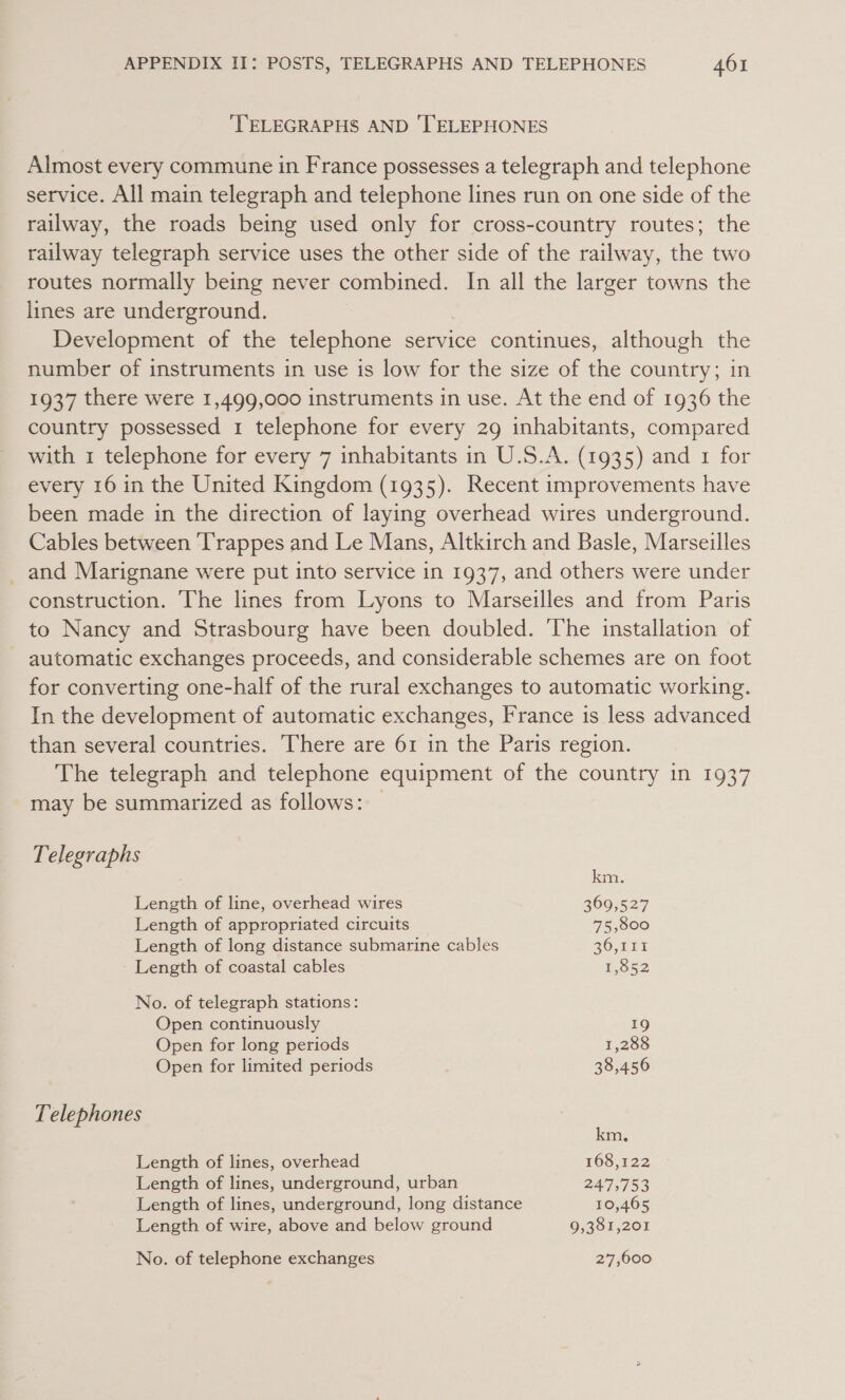 TELEGRAPHS AND TELEPHONES Almost every commune in France possesses a telegraph and telephone service. All main telegraph and telephone lines run on one side of the railway, the roads being used only for cross-country routes; the railway telegraph service uses the other side of the railway, the two routes normally being never combined. In all the larger towns the lines are underground. Development of the telephone service continues, although the number of instruments in use is low for the size of the country; in 1937 there were 1,499,000 instruments in use. At the end of 1936 the country possessed 1 telephone for every 29 inhabitants, compared with 1 telephone for every 7 inhabitants in U.S.A. (1935) and 1 for every 16 in the United Kingdom (1935). Recent improvements have been made in the direction of laying overhead wires underground. Cables between ‘T'rappes and Le Mans, Altkirch and Basle, Marseilles _ and Marignane were put into service in 1937, and others were under construction. The lines from Lyons to Marseilles and from Paris to Nancy and Strasbourg have been doubled. ‘The installation of automatic exchanges proceeds, and considerable schemes are on foot for converting one-half of the rural exchanges to automatic working. In the development of automatic exchanges, France is less advanced than several countries. There are 61 in the Paris region. The telegraph and telephone equipment of the country in 1937 may be summarized as follows: _ Telegraphs km. Length of line, overhead wires 369,527 Length of appropriated circuits 75,800 Length of long distance submarine cables 36,111 Length of coastal cables 1,852 No. of telegraph stations: Open continuously 19 Open for long periods 1,288 Open for limited periods 38,456 Telephones km, Length of lines, overhead 168,122 Length of lines, underground, urban 24°7,753 Length of lines, underground, long distance 10,465 Length of wire, above and below ground 9,381,201 No. of telephone exchanges 27,600