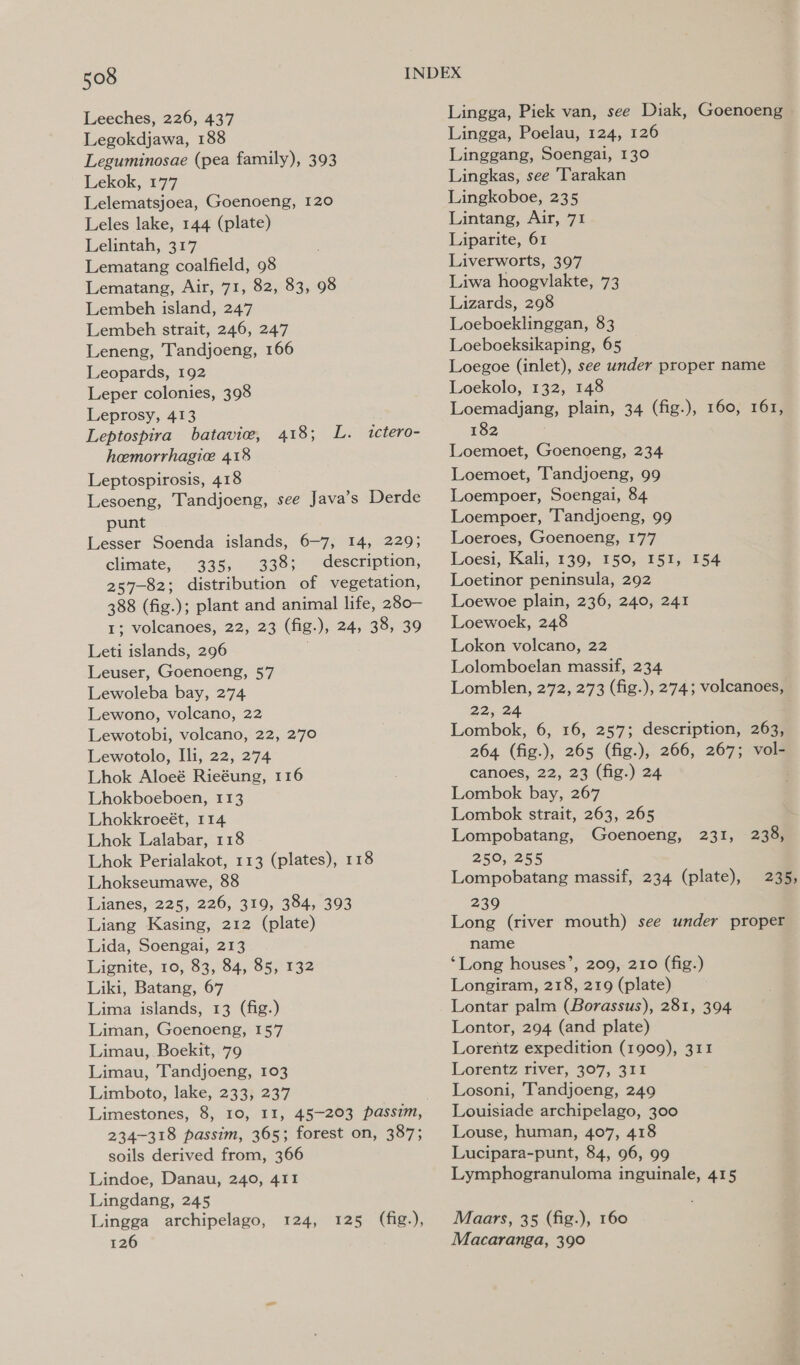 Leeches, 226, 437 Legokdjawa, 188 Leguminosae (pea family), 393 Lekok, 177 Lelematsjoea, Goenoeng, 120 Leles lake, 144 (plate) Lelintah, 317 Lematang coalfield, 98 Lematang, Air, 71, 82, 83, 98 Lembeh island, 247 Lembeh strait, 246, 247 Leneng, Tandjoeng, 166 Leopards, 192 Leper colonies, 398 Leprosy, 413 Leptospira batavic, 418; L. hemorrhagic 418 Leptospirosis, 418 Lesoeng, Tandjoeng, see Java’s Derde ictero- punt Lesser Soenda islands, 6-7, 14, 229; climate, 335, 338; description, 257-82; distribution of vegetation, 388 (fig.); plant and animal life, 280— 1; volcanoes, 22, 23 (fig.), 24, 38, 39 Leti islands, 296 Leuser, Goenoeng, 57 Lewoleba bay, 274 Lewono, volcano, 22 Lewotobi, volcano, 22, 2770 Lewotolo, Ili, 22, 274 Lhok Aloeé Rieéung, 116 Lhokboeboen, 113 Lhokkroeét, 114 Lhok Lalabar, 118 Lhok Perialakot, 113 (plates), 118 Lhokseumawe, 88 Lianes, 225, 226, 319, 384, 393 Liang Kasing, 212 (plate) Lida, Soengai, 213 Lignite, 10, 83, 84, 85, 132 Liki, Batang, 67 Lima islands, 13 (fig.) Liman, Goenoeng, 157 Limau, Boekit, 79 Limau, Tandjoeng, 103 Limboto, lake, 233, 237 234-318 passim, 365; forest on, 387; soils derived from, 366 Lindoe, Danau, 240, 411 Lingdang, 245 Lingga archipelago, 126 124,125 (Gig.), Lingga, Piek van, see Diak, Goenoeng Lingga, Poelau, 124, 126 Linggang, Soengai, 130 Lingkas, see 'Tarakan Lingkoboe, 235 Lintang, Air, 71 Liparite, 61 Liverworts, 397 Liwa hoogvlakte, 73 Lizards, 298 Loeboeklinggan, 83 Loeboeksikaping, 65 Loegoe (inlet), see under proper name Loekolo, 132, 148 Loemadjang, plain, 34 (fig.), 160, 161, 182 Loemoet, Goenoeng, 234 Loemoet, Tandjoeng, 99 Loempoer, Soengai, 84 Loempoer, T'andjoeng, 99 Loeroes, Goenoeng, 177 Loesi, Kali, 139, 150, I5I, 154 Loetinor peninsula, 292 Loewoe plain, 236, 240, 241 Loewoek, 248 Lokon volcano, 22 Lolomboelan massif, 234 Lomblen, 272, 273 (fig.), 274; volcanoes, 22-24 Lombok, 6, 16, 257; description, 263, 264 (fig.), 265 (fig.), 266, 267; vol- canoes, 22, 23 (fig.) 24 . Lombok bay, 267 Lombok strait, 263, 265 Lompobatang, Goenoeng, 231, 238, 250, 255 Lompobatang massif, 234 (plate), 235, 239 Long (river mouth) see under proper name ‘Long houses’, 209, 210 (fig.) Longiram, 218, 219 (plate) Lontar palm (Borassus), 281, 394 Lontor, 294 (and plate) Lorentz expedition (1909), 311 Lorentz river, 307, 311 Losoni, Tandjoeng, 249 Louisiade archipelago, 300 Louse, human, 407, 418 Lucipara-punt, 84, 96, 99 Lymphogranuloma inguinale, 415 Maars, 35 (fig.), 160 Macaranga, 390°