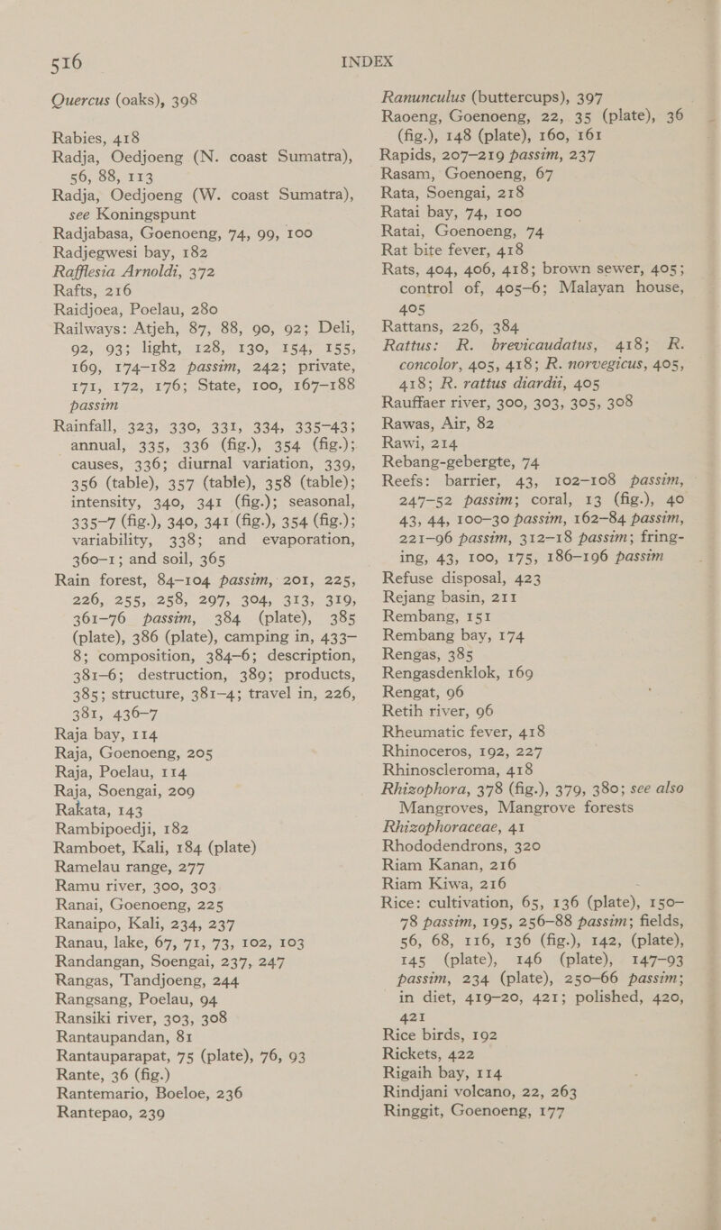 Quercus (oaks), 398 Rabies, 418 Radja, Oedjoeng (N. coast Sumatra), 56, 65,133 Radja, Oedjoeng (W. coast Sumatra), see Koningspunt Radjabasa, Goenoeng, 74, 99, 100 Radjegwesi bay, 182 Rafflesia Arnoldi, 372 Rafts, 216 Raidjoea, Poelau, 280 Railways: Atjeh, 87, 88, 90, 92; Deli, 92,933. light, 128, 330) 4154, 155; 169, 174-182 passim, 242; private, 171, 172, 176; State, 100, 167—188 passim Rainfall, . 323; annual, 335, causes, 336; diurnal variation, 339, 356 (table), 357 (table), 358 (table); intensity, 340, 341 (fig.); seasonal, 335-7 (fig-), 340, 341 (fig.), 354 (fig.); variability, 338; and evaporation, 360-1; and soil, 365 Rain forest, 84-104 passim, 201, 225, 226, 255, 258, 297, 304, 313, 319, 361-76 passim, 384 (plate), 385 (plate), 386 (plate), camping in, 433- 8; composition, 384-6; description, 381-6; destruction, 389; products, 385; structure, 381-4; travel in, 226, 381, 436-7 Raja bay, 114 Raja, Goenoeng, 205 Raja, Poelau, 114 Raja, Soengai, 209 Rakata, 143 Rambipoedji, 182 Ramboet, Kali, 184 (plate) Ramelau range, 277 Ramu river, 300, 303 Ranai, Goenoeng, 225 Ranaipo, Kali, 234, 237 Ranau, lake, 67, 71, 73, 102, 103 Randangan, Soengai, 237, 247 Rangas, Tandjoeng, 244 Rangsang, Poelau, 94 Ransiki river, 303, 308 Rantaupandan, 81 Rantauparapat, 75 (plate), 76, 93 Rante, 36 (fig.) Rantemario, Boeloe, 236 Rantepao, 239 3390, 331, 334, 335-43; Ranunculus (buttercups), 397 Raoeng, Goenoeng, 22, 35 (plate), 36 (fig.), 148 (plate), 160, 161 Rapids, 207-219 passim, 237 Rasam, Goenoeng, 67 Rata, Soengai, 218 Ratai bay, 74, 100 Ratai, Goenoeng, 74 Rat bite fever, 418 Rats, 404, 406, 418; brown sewer, 405; control of, 405-6; Malayan house, 405 Rattans, 226, 384 Rattus: R. brevicaudatus, 418; R. concolor, 405, 418; R. norvegicus, 405, 418; R. rattus diardit, 405 Rauffaer river, 300, 303, 305, 308 Rawas, Air, 82 Rawi, 214 Rebang-gebergte, 74 Reefs: barrier, 43, 102-108 passim, 247-52 passim; coral, 13 (fig.), 40 43, 44, 100-30 passim, 162-84 passim, 221-96 passim, 312-18 passim; fring- ing, 43, 100, 175, 186-196 passim Rejang basin, 211 Rembang, I51 Rembang bay, 174 Rengas, 385 Rengasdenklok, 169 Rengat, 96 Retih river, 96 Rheumatic fever, 418 Rhinoceros, 192, 227 Rhinoscleroma, 418 Rhizophora, 3'78 (fig.), 379, 380; see also Mangroves, Mangrove forests Rhizophoraceae, 41 Rhododendrons, 320 Riam Kanan, 216 Riam Kiwa, 216 Rice: cultivation, 65, 136 (plate), I50— 78 passim, 195, 256-88 passim; fields, 56, 68, 116, 136 (fig.), 142, (plate), 145 (plate), 146 (plate), 147-93 passim, 234 (plate), 250-66 passim; - in diet, 419-20, 421; polished, 420, 421 Rice birds, 192 Rickets, 422 Rigaih bay, 114 Rindjani volcano, 22, 263 Ringgit, Goenoeng, 177