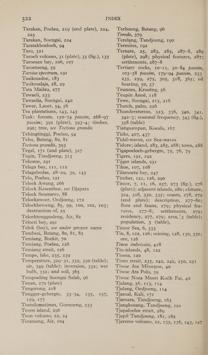 Tarakan, Poelau, 219 (and plate), 224, 225 Tarakan, Soengai, 224 Taratakboeloeh, 94 ‘Taro, 321 Taroeb volcano, 31 (plate), 35 (fig.), 135 Taroesan bay, 106, 107 Taroetoeng, 59 Tarsius spectrum, 191 Tasikmadoe, 183 Tasikmalaja, 28, 29 Tata Mailau, 277 Tawaeli, 233 Tawaelia, Soengai, 240 Tawar, Laoet, 54, 56 Tea plantations, 143, 145 Teak: forests, 150-74 passim, 268-97 passim; 392 (plate), 393-4; timber, 290; tree, see Tectona grandis Tebingtinggi, Poelau, 94 Tebo, Batang, 80, 81 Tectona grandis, 393 Tegal, 171 (and plate), 327 Tegin, Tandjoeng, 313 Tehoroe, 291 Telaga bay, 111, 112 Telagabodas, 28-29, 39, 145 Telo, Poelau, 121 Teloek Awang, 266 Teloek Kesemboe, see Djapara Teloek Seumawe, 88 Teloekawoer, Oedjoeng, 172 Teloekbetoeng, 85, 99, 100, 102, 103; destruction of, 25 Teloektenggoeleng, Air, 82 Teloeti bay, 291 Telok (bay), see under proper name Tembesi, Batang, 80, 81, 82 Temiang, Boekit, 70 Temiang, Poelau, 126 ‘Temiang strait, 126 ‘Tempe, lake, 235, 239 Temperature, 329-31, 332, 350 (table); air, 349 (table); inversion, 332; wet bulb, 332; and soil, 365 Tempoeling Soengai Salak, 96 Tenan, 279 (plate) ‘Tengarong, 218 ‘Tengger-gebergte, 159, 177 Tentolomatinan, Goenoeng, 233 Teoen island, 296 Teon volcano, 22, 24 Teramang, Air, 104 33-34, 135, 157; Terboeng, Batang, 96 Teredo, 379 Terelang, Tandjoeng, 190 Termites, 192 Ternate,. 25, 283, 285, 287-8, 280 (plate), 298; physical features, 287; settlements, 287-8 Tertiary rocks, 10-11, 50-84 passim, 103-58 passim, 179-94 passim, 233 235, 259, 275, 305, 318, 365; oil bearing, 50, 57 | Teunom, Kroeéng, 56 Teupin Anoé, 118 Tewe, Soengai, 215, 216 ‘Thatch, palm, 226 : Thunderstorms, 323, 336, 340, 341, 342-3; seasonal frequency, 343 (fig.), 358 (table) Tiangsampan, Koeala, 167 Ticks, 407, 437 Tidal-waves, see Sea-waves Tidore; island, 283, 285, 288; town, 288 Tigapoeloeh-gebergte, 75, 76, 79 Tigers, 191, 192 Tijger islands, 251 Tikoe, 107, 108 Tilamoeta‘ bay, 247 Timber, 121, 126, 290 Timor, 7, 11, 16, 257, 273 (fig.), 278 (plate); adjacent islands, 280; climate, 324, 328, 330, 335; coasts, 278, 279 (and plate); description, 277-80; . flora and fauna, 279; physical fea- tures, 277-8; settlements, 279; residency, 277, 279; area,3 (table); population, 3 (table), Timor Sea, 6, 333 Tin, 8, 122, 126; mining, 128, 130, 330; ore, 126 Tinea imbricata, 418 Tin-islands, 48, 122 ‘Tioesa, 120 Tioro strait, 235, 242, 249, 250, 251 Tiwoe Ata Mboepoe, 40 Tiwoe Ata Polo, 39 Tiwoe Noea Moeri Kooh Fai, 40 Tjalang, 56, 113, 114 Tjalang, Oedjoeng, 114 Tjamal, Kali, 171 Tjamara, Tandjoeng, 165 Tjangkoeang, Tandjoeng, 191 Tjapaloeloe strait, 289 Tjapil Tandjoeng, 181, 182 Tjareme volcano, 22, 135, 136, 143, 147