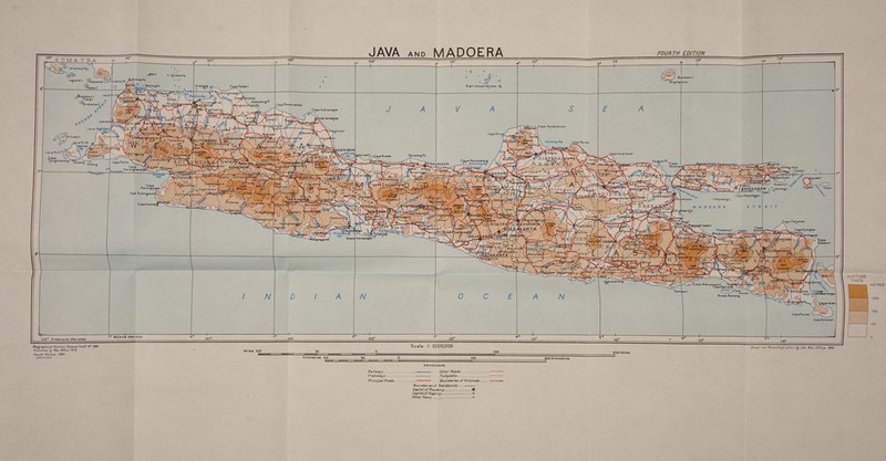  14° JAVA ano MADOERA eee SUMAT RA 108° 110° 6 3° C7 AV V   3   - Lempoeng Bay 2s Legoendil. Siachsckesl AN QBovesi 1. AY fers ae Miareten) 5 om 4 - pom ih Zi a Soengaiboento x er Sedoelang |* rakataul, » b&gt; “ os pd es R i Cape Pemancekan   Cape Indramajoe    Jave Pt) c Pamelang Pt. ape Tjangkoewang Cape 00 ¢ y : ni Brebes ape Korowelen: Jeng 8 areleng Scdong , YEE Zi 2 arog. BA : 5 3 Zap age = p 8 ; ‘ Semarang bas j &amp; PS Sapoedil. &amp; Q if wee Nc A\Genteng |. Caja %, Raasl. Roja. .% Cape Padelegan ex © Kambing |. Ss RACIST Cape Patjenen               ALTITUDE TINTS METRES Noesa Beroeng 1500 750 Cape Bantenan 100 = ° . . ° 2 °o °o ° °o ° = 105° Greenwich Meridian eee 2S 107° ! 108° 3 109° ¥ 110° = We 5 hice . 6° cae 7 aa ° Geographical Section, General Staff N° 198/ Scale. |: 2000,000 Drawn and Photolithographed by the War Office. 1941. Published by War Office /9/9. Y Miles [00 i x oo o 100 200 Miles Fourth Edition /9#/. W423 / 68.68. Kilometres 100 50 oO 100 200 Kilometres REFERENCE PrailWeys..... 2... veer ee Other Roads iis acsiesss vaste? es TPOMWBYS..-. eee eee eee eee = Footpaths................ ee Principal Roads........-..-++ Boundaries of Provinces......... +++eee Boundaries of Residencies...... tettet ” Capital of Residency ...-....-.--- © Capital of Regency. -o  Other Towns i, «, cajescccs-vecnesesencersrse==e= °